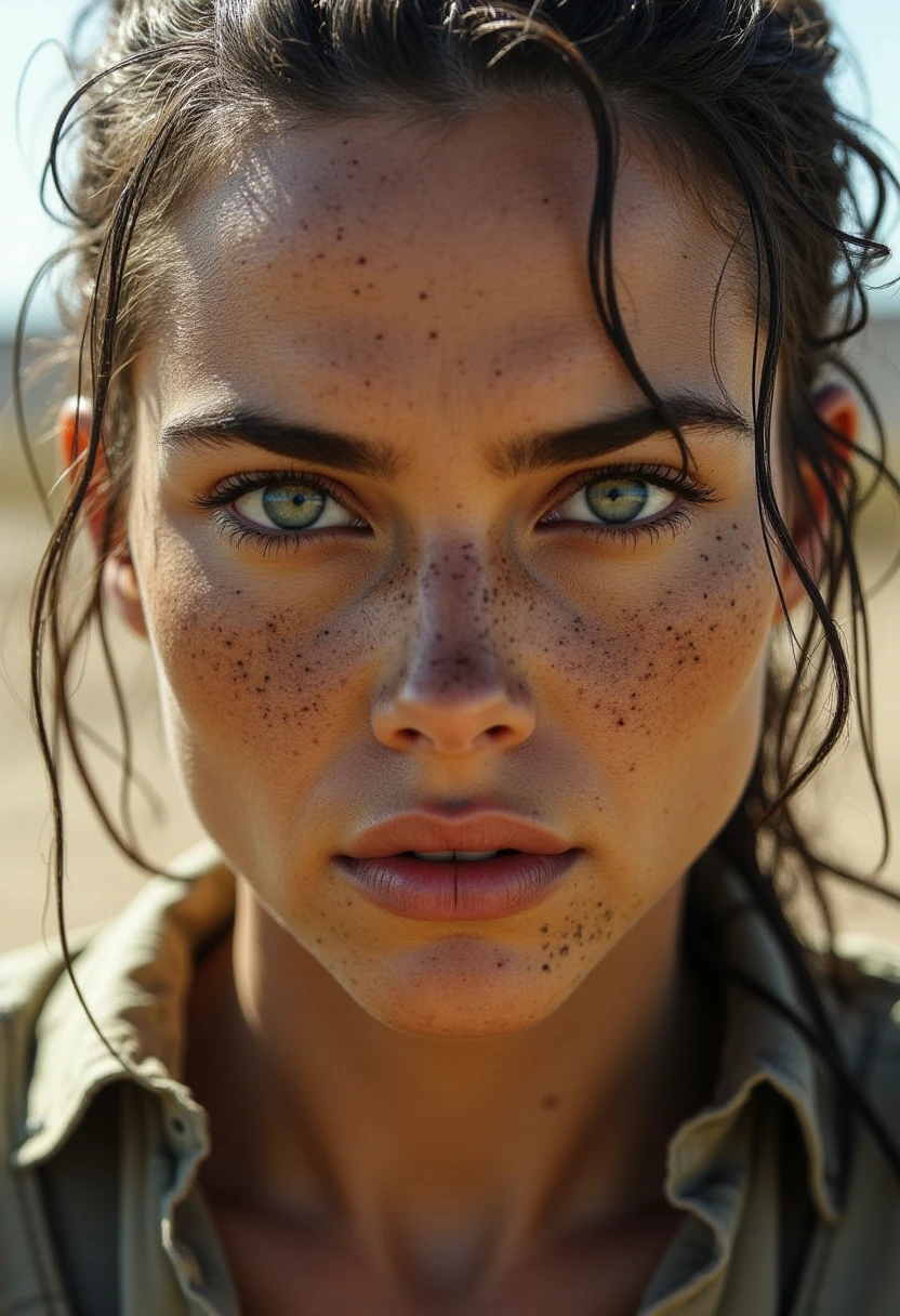 The image is a high-resolution photograph from the movie "Mad Max: Fury Road," featuring a woman named Furiosa, portrayed by Charlize Theron. She is depicted in a state of intense distress, with her face and body covered in dirt, grime, and what appears to be dried blood. Her eyes are wide open, showing a mixture of determination and fear. Her dark hair is matted and tangled, with a few strands escaping her face.