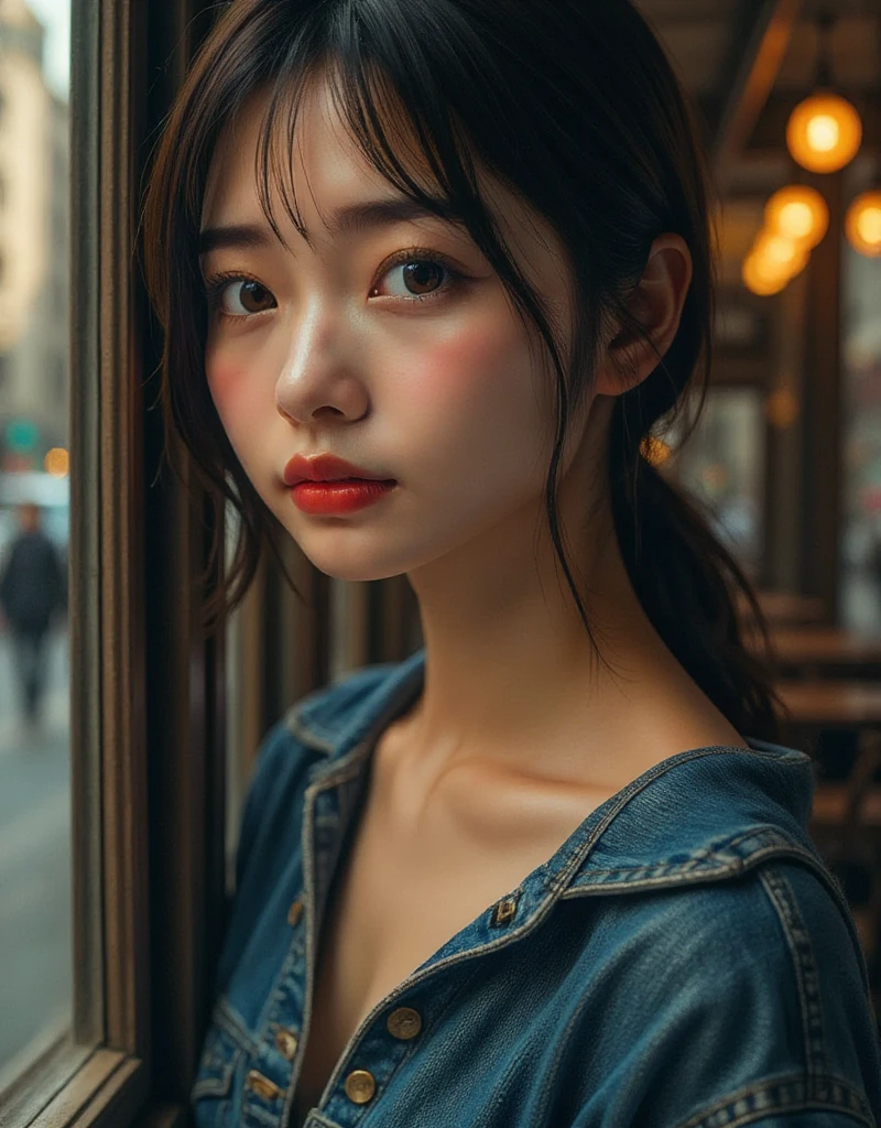  close-up portrait of a 24-year-old Asian woman  (close-up portrait of a 24 year old asian woman who is very skinny but has big boobs  , gorgeous actress-like woman)  I'm sitting by the window of a cafe with a 70s style interior in New York and facing the window.  she says  (Wearing a cut denim jacket on bare skin  :1.4) 、Highlights the chest .  she says 白い肌で自然な(( without makeup :1.4)),  pores and skin texture are clearly visible 、In focus., Dirty black hair,  shiny, Fresh, almond shaped face, looking out at the city through a glass window.  Retro-style lighting and the woman's silhouette are reflected in the glass , the evening skyline of new york city is blurred in the distance.