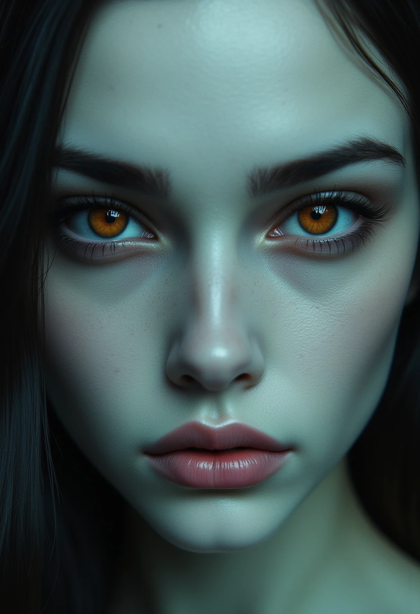 The image is a highly detailed, high-resolution photograph or digital artwork featuring a close-up of a woman's face. The subject has a striking, intense expression, with piercing, glowing amber eyes that seem almost demonic or supernatural. Her skin is a pale, almost translucent complexion, giving her a ghostly appearance. Her lips are a muted, almost -like shade of pale pink, and her lips are pursed, adding to the ominous atmosphere.