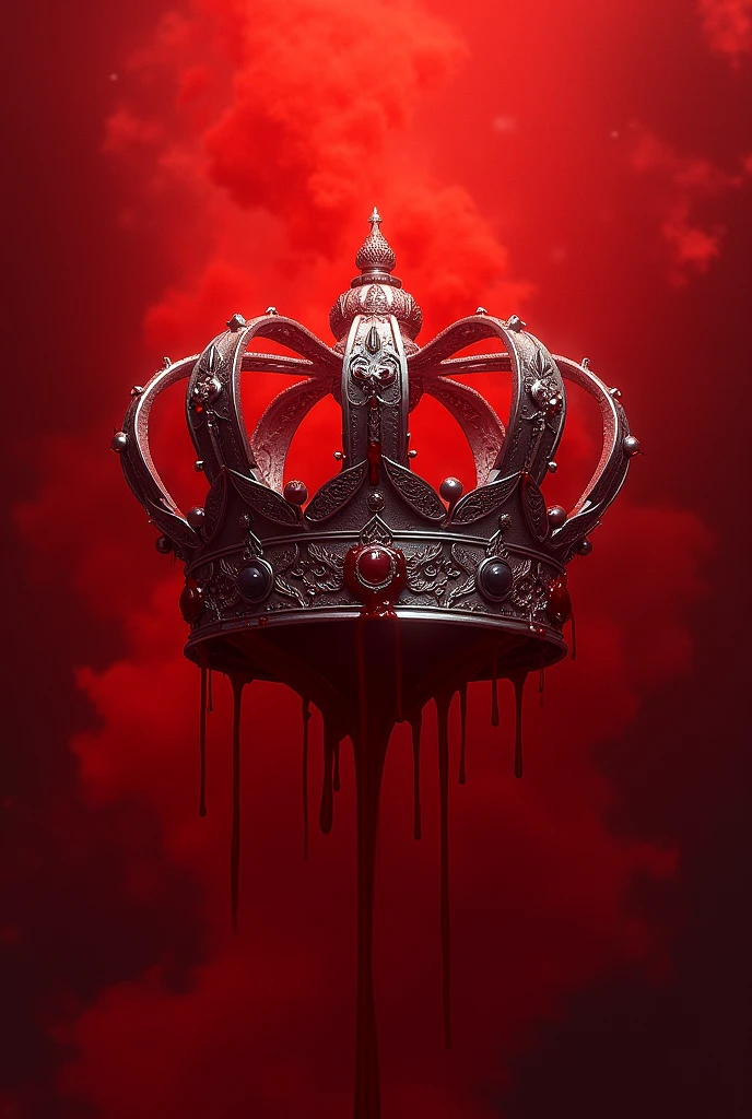 Make a silver crown lurked in blood, artistical, best quality, high resolution, masterpiece. Red backgground. DON’T PUT ANY PERSON IN IMAGE! NO HUMAN, NO PEOPLE, NO PERSON.