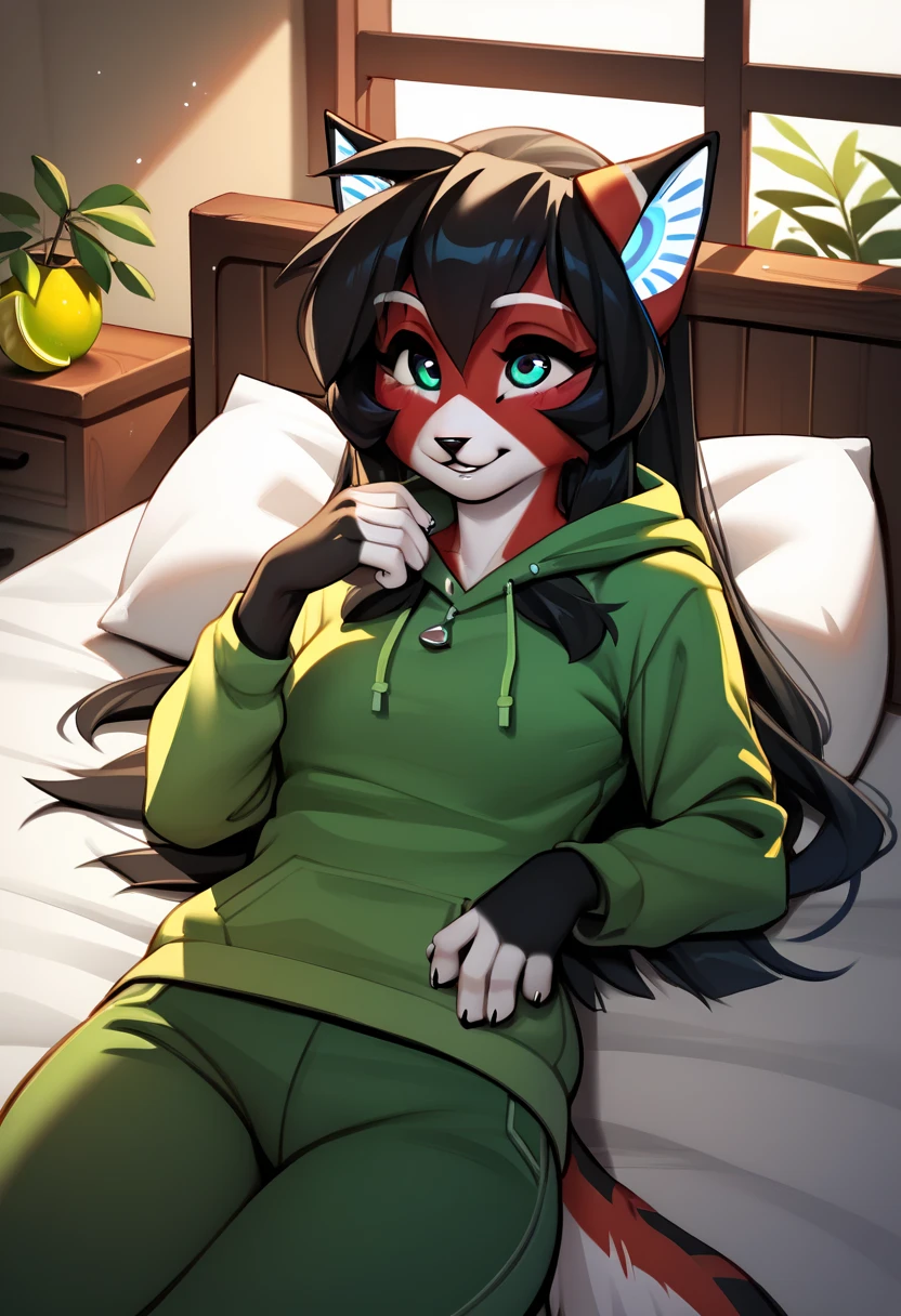 score_9, score_8_up, score_7_up, score_6_up, score_5_up, score_4_up, source_furry, a female anthro fluffy, solo, female, ara, black hair, furry, cat girl, (lime bed), lying on bed, front view,  In modern house, light blush, black-green hoodie, black-green pants, very fluffy, window, sunshafts, lighting, smiling