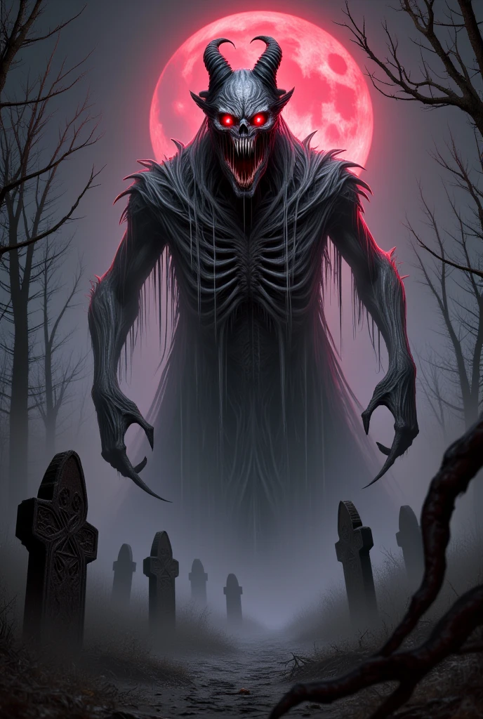 creepy monster, big red eyes, coming out of a grave in the cemetery, natta, big red moon, haze, haze
