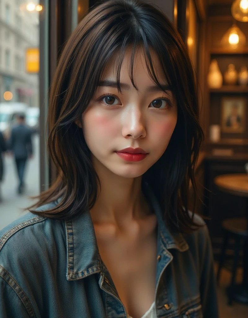  close-up portrait of a 24-year-old Asian woman  (close-up portrait of a 24 year old asian woman who is very skinny but has big boobs  , gorgeous actress-like woman)  I'm sitting by the window of a cafe with a 70s style interior in New York and facing the window.  she says  (Wearing a cut denim jacket on bare skin  :1.4) 、Highlights the chest .  she says 白い肌で自然な(( without makeup :1.4)),  pores and skin texture are clearly visible 、In focus., Dirty black hair,  shiny, Fresh, almond shaped face, looking out at the city through a glass window.  Retro-style lighting and the woman's silhouette are reflected in the glass , the evening skyline of new york city is blurred in the distance.