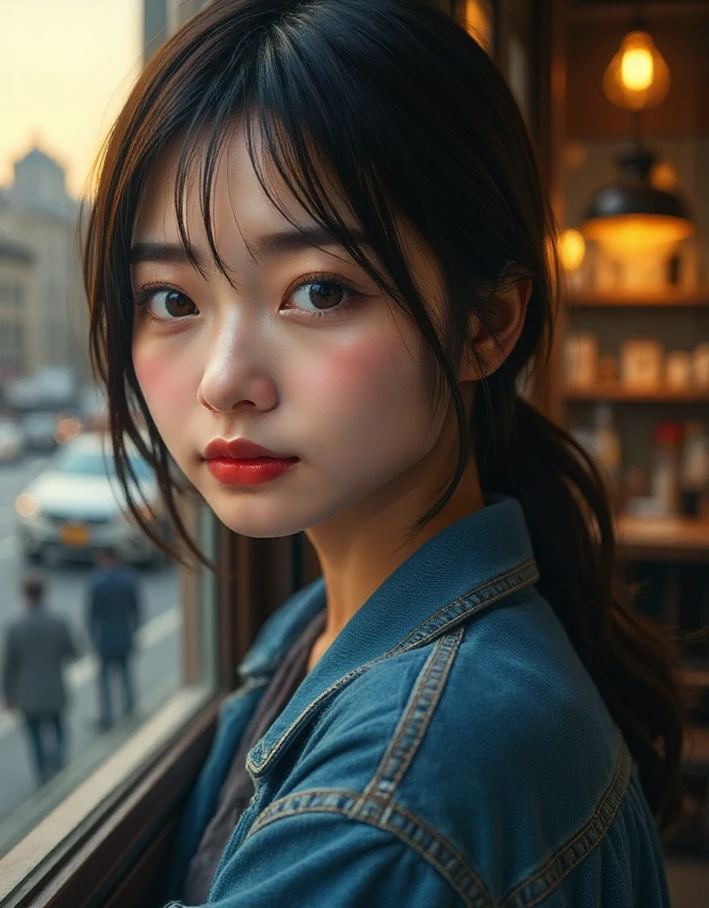  close-up portrait of a 24-year-old Asian woman  (close-up portrait of a 24 year old asian woman who is very skinny but has big boobs  , gorgeous actress-like woman)  I'm sitting by the window of a cafe with a 70s style interior in New York and facing the window.  she says  (Wearing a cut denim jacket on bare skin  :1.4) 、Highlights the chest .  she says 白い肌で自然な(( without makeup :1.4)),  pores and skin texture are clearly visible 、In focus., Dirty black hair,  shiny, Fresh, almond shaped face, looking out at the city through a glass window.  Retro-style lighting and the woman's silhouette are reflected in the glass , the evening skyline of new york city is blurred in the distance.