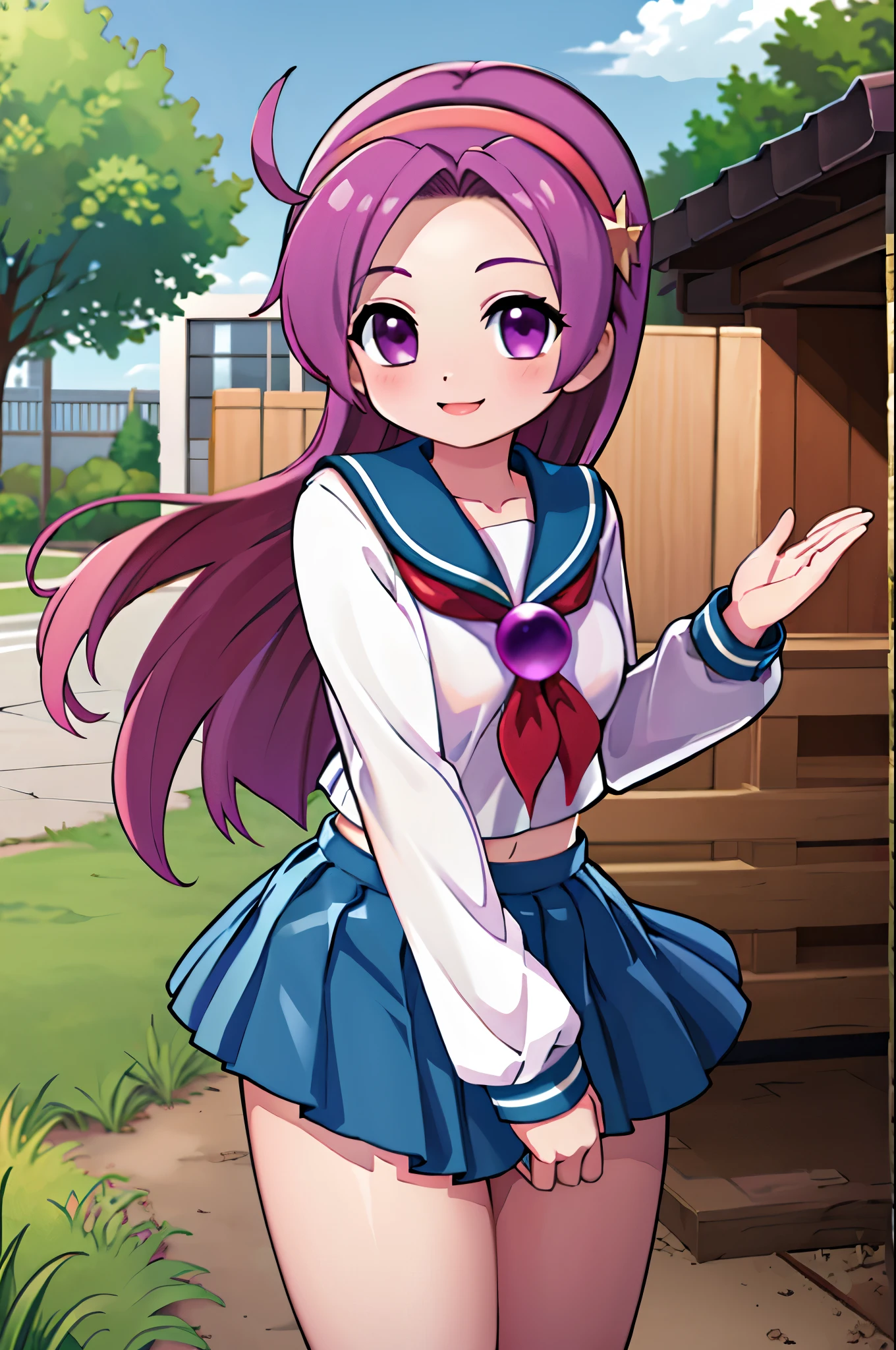 masterpiece, best quality, highres, aa2, long hair, hairband school uniform, serafuku, white shirt, blue skirt, ahoge, parted bangs, pleated skirt, midriff, long sleeves, sailor collar, cowboy shot, smile, outdoors,