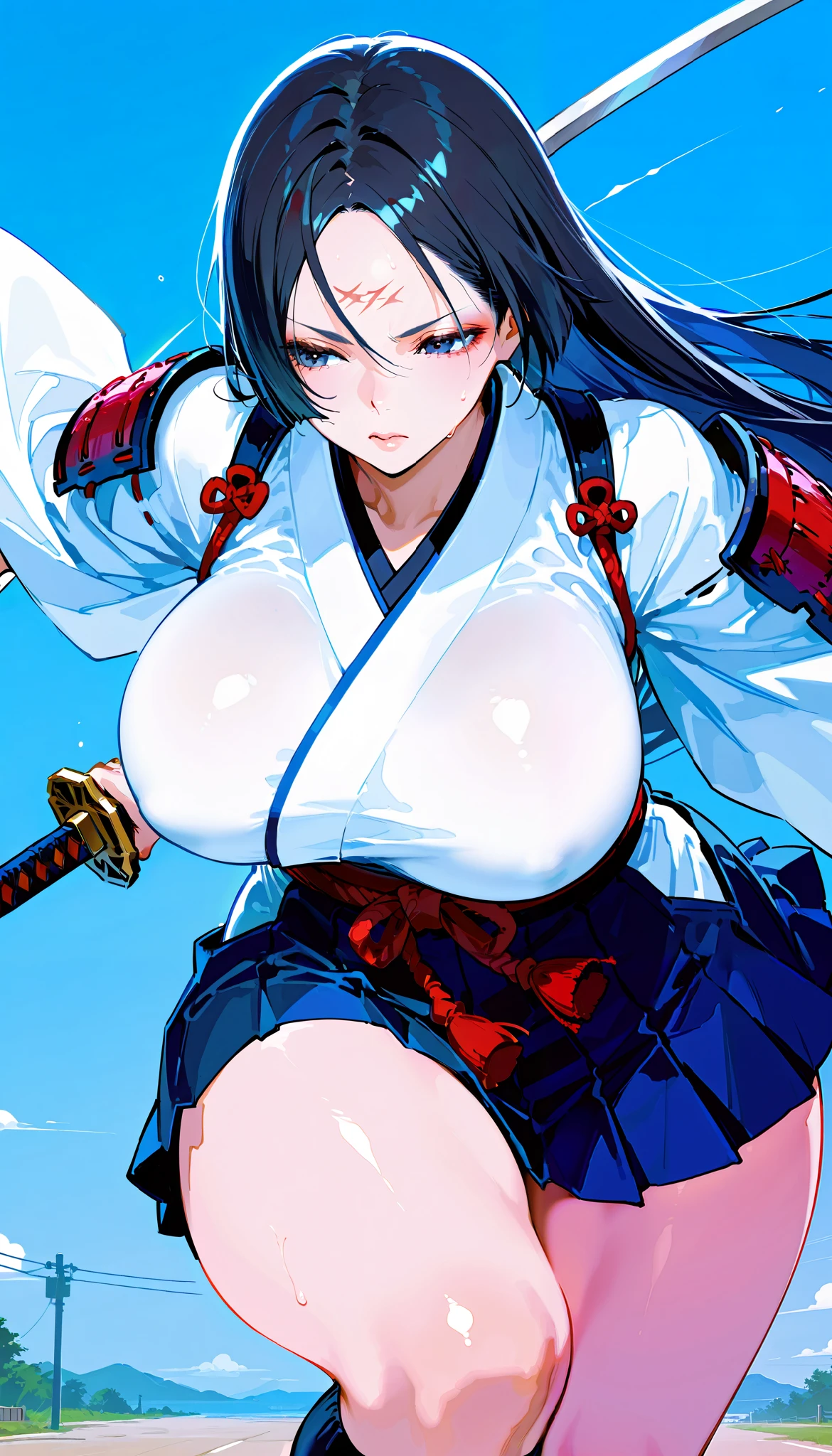 score_9, score_8_ up, score_7_ up,( High Quality , high res), black hair,  long straight hair , [[ separate them in the middle ]], Forehead,( Japanese Armor ,Chest),White Kimono ,  black miniskirt, knee socks, Big Breasts, Dark Eyes, Close eyes , ( curvy body), has a sword , During combat,((cowboy shot))、 simplePositiveXLv2