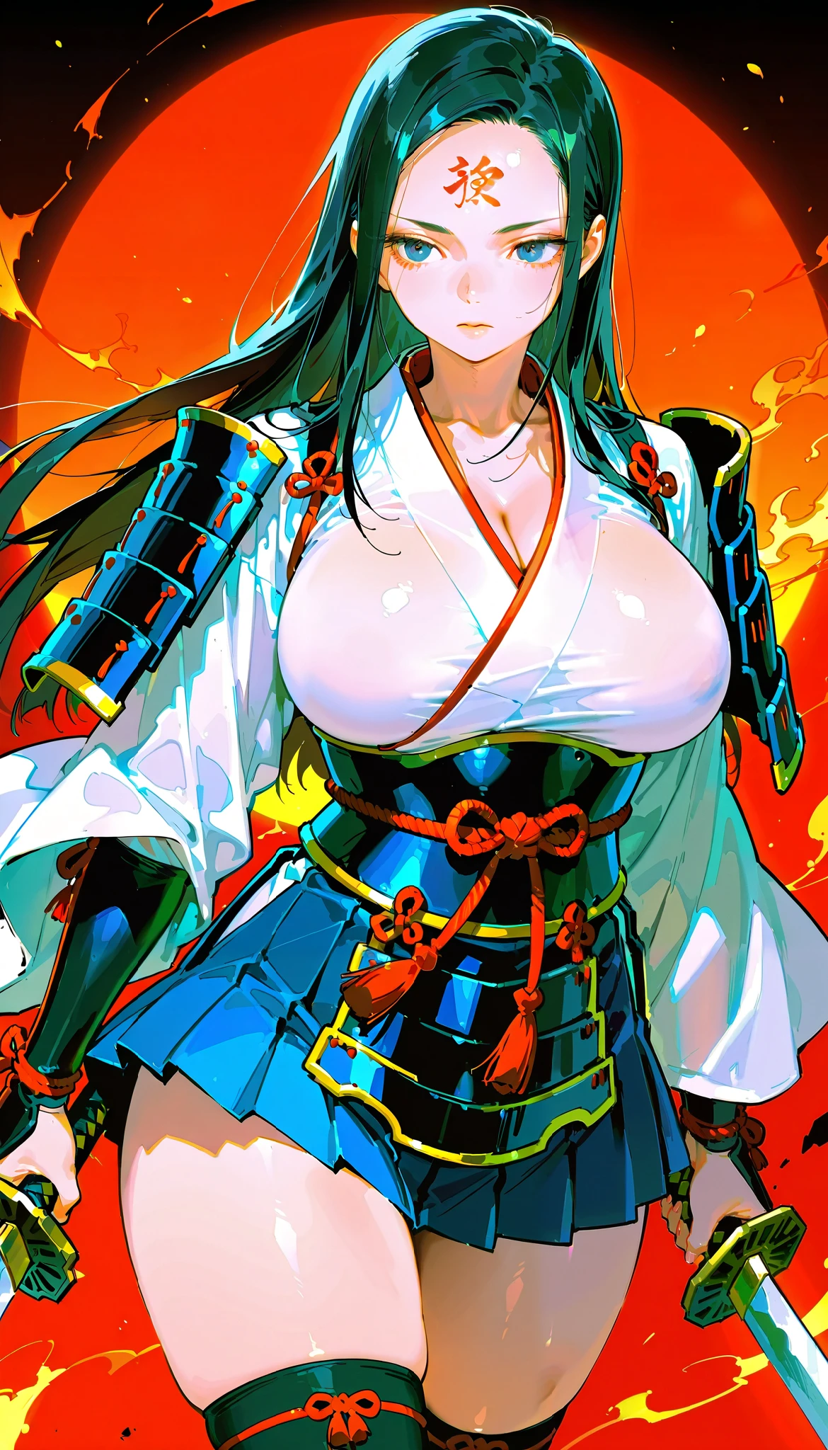 score_9, score_8_ up, score_7_ up,( High Quality , high res), black hair,  long straight hair , [[ separate them in the middle ]], Forehead,( Japanese Armor ,Chest),White Kimono ,  black miniskirt, knee socks, Big Breasts, Dark Eyes, Close eyes , ( curvy body), has a sword , During combat,((cowboy shot))、 simplePositiveXLv2