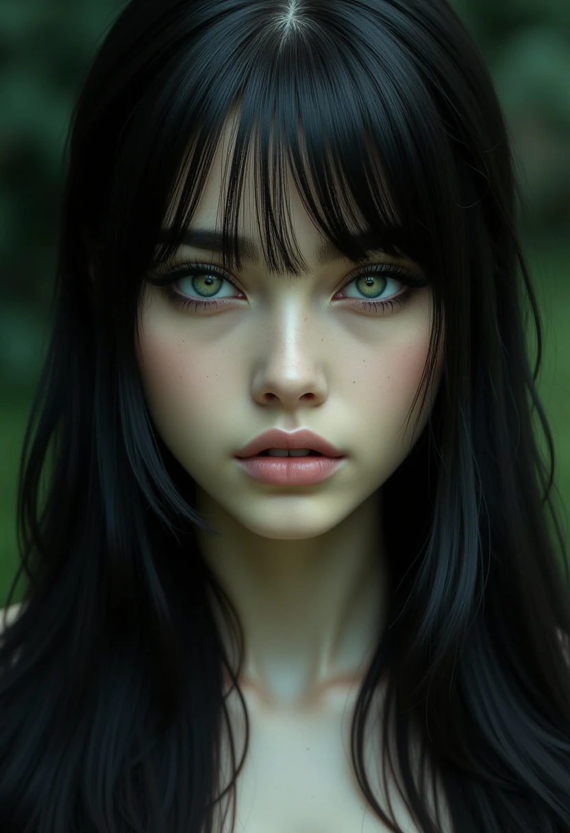 The image is a photograph of a woman with an ethereal, mystical aura. She has a light skin tone and long, dark hair with bangs that frame her face, styled in a vintage, slightly unkempt manner. Her eyes are a striking, piercing green, accentuated by thick, dark eyeliner, giving her a dramatic, otherworldly appearance.