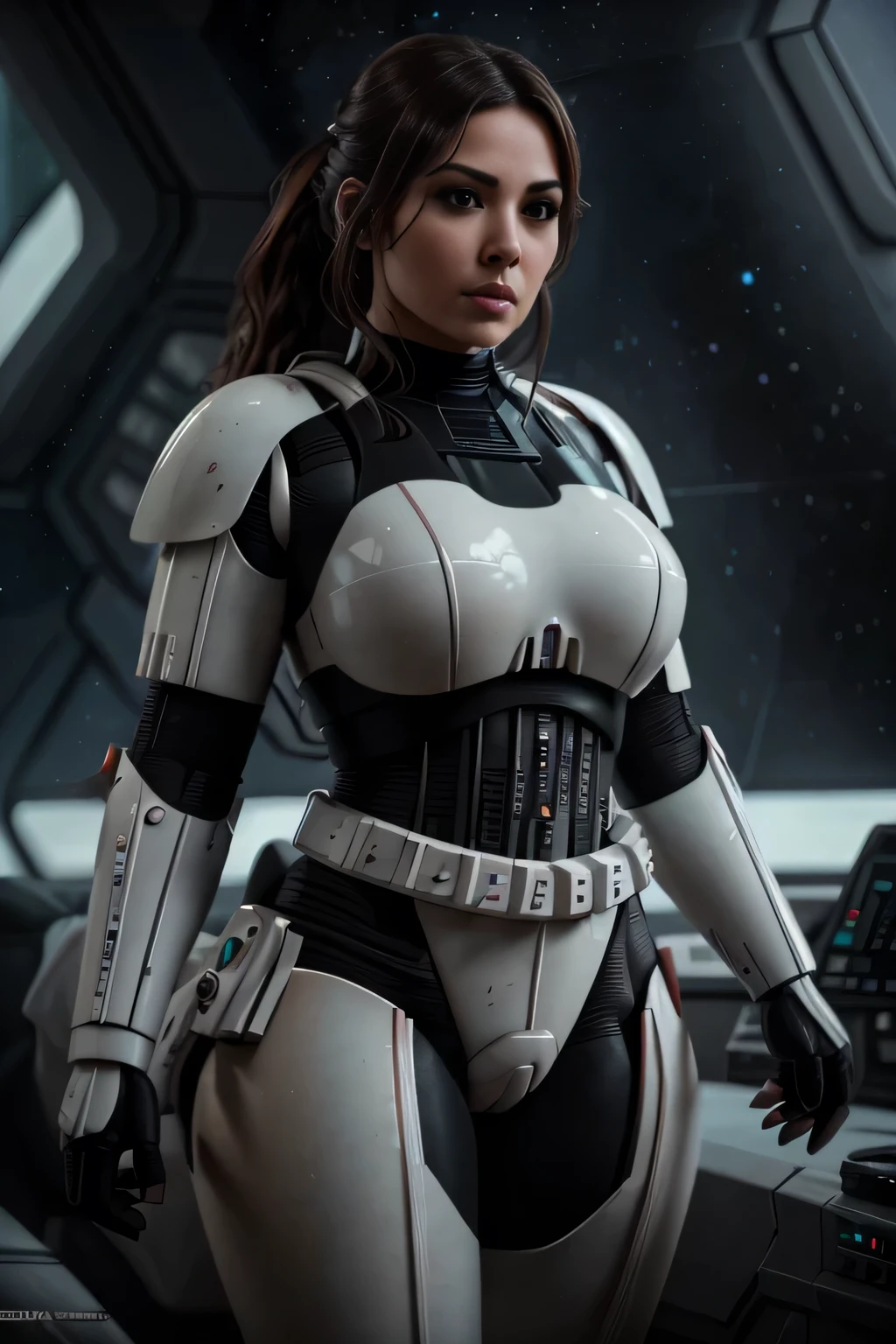 there a beautiful thick busty girl in a sexy stormtrooper black armor from star wars, voluptuosa, imagen cuerpo completo, piernas largas, small waist, cabello escuro, ojos azules, labios gruesos, pose sexy, trasero redondo, futuristic starship crew member, solo female character, hyper realistic sci fi realistic, cinematic highly detailed, sci fi female character, 8 k high detail and intricate, sci-fi female, highly detailed vfx portrait of, sci-fi highly detailed