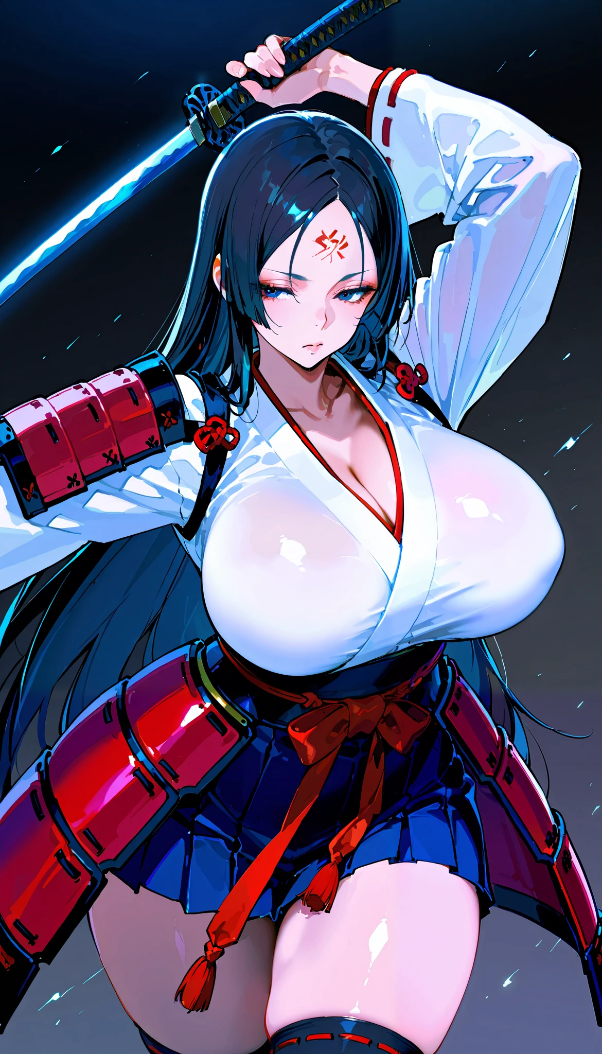 score_9, score_8_ up, score_7_ up,( High Quality , high res), black hair,  long straight hair , [[ separate them in the middle ]], Forehead,( Japanese Armor ,Chest),White Kimono ,  black miniskirt, knee socks, Big Breasts, Dark Eyes, Close eyes , ( curvy body), has a sword , During combat,((cowboy shot))、 simplePositiveXLv2