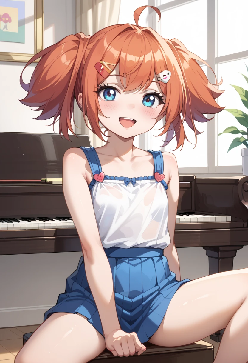 (( top quality )), ((masterpiece)), (be familiar with),  perfect face, indoor, bedroom, Watching viewers,
One woman, Yuen Hui,
 open mouth,  ecstatic expression beside the piano, blush, smile,
 small ,  flat chest, Young girl, Lori,  ,  girl,
Short Hair,  twin tails,
Leg spread,