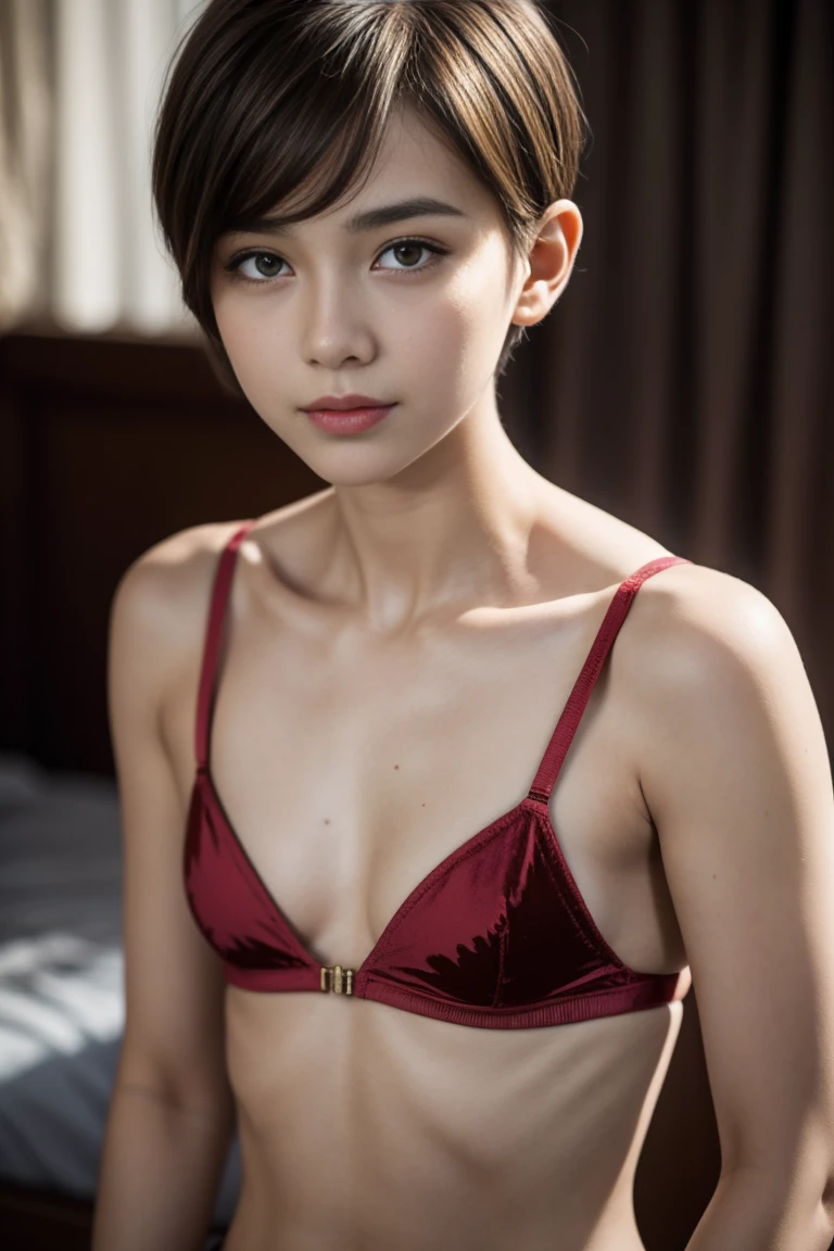 HALF BODY PORTRAIT NAKED, SHORTHAIRCUT CUTE YOUNGEST BOYS WEARING PEACH MINI VELVET BRA