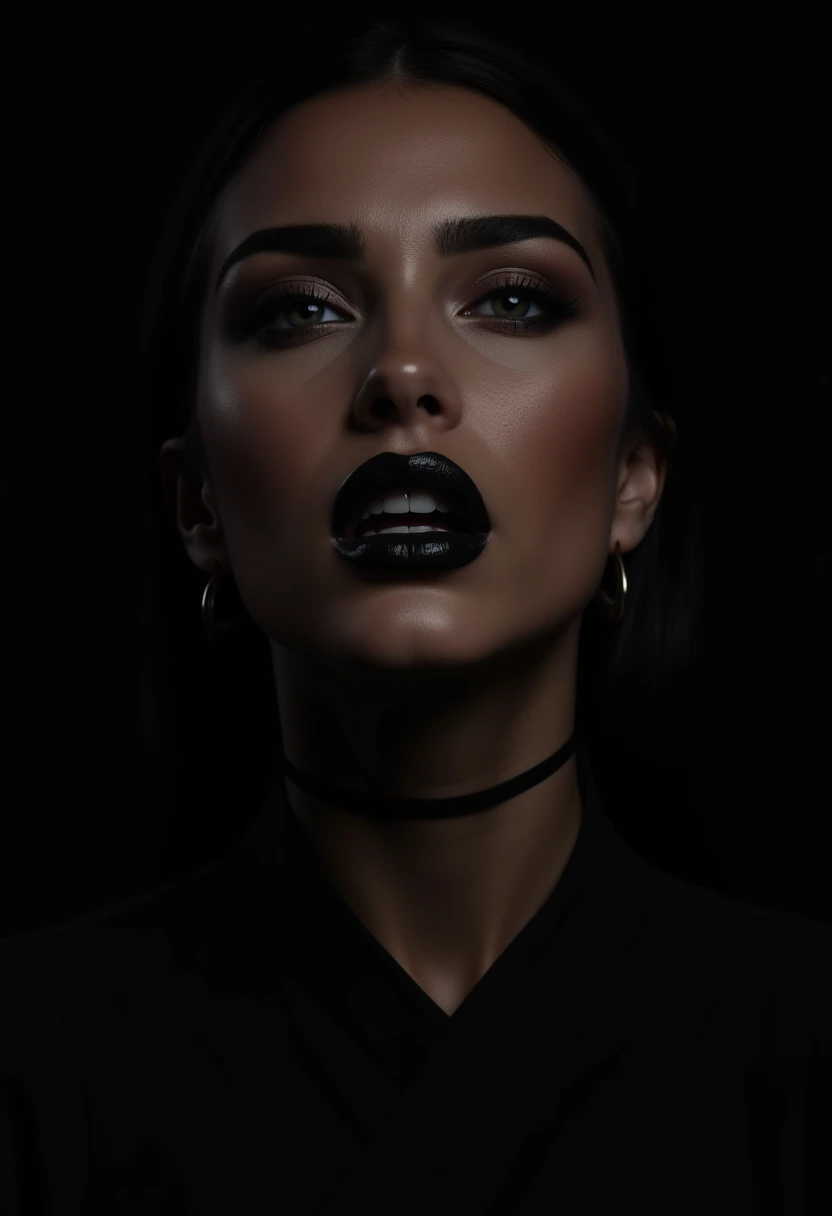 The image is a dark, high-contrast photograph or digital artwork featuring a close-up of a person's face. The subject is a woman with a medium-dark skin tone and striking, dramatic makeup. Her eyes are wide open, giving an intense, almost confrontational expression. Her eyebrows are heavily accentuated, creating a sharp, angular look. Her lips are painted a dark, almost black color, contributing to the overall dramatic appearance.