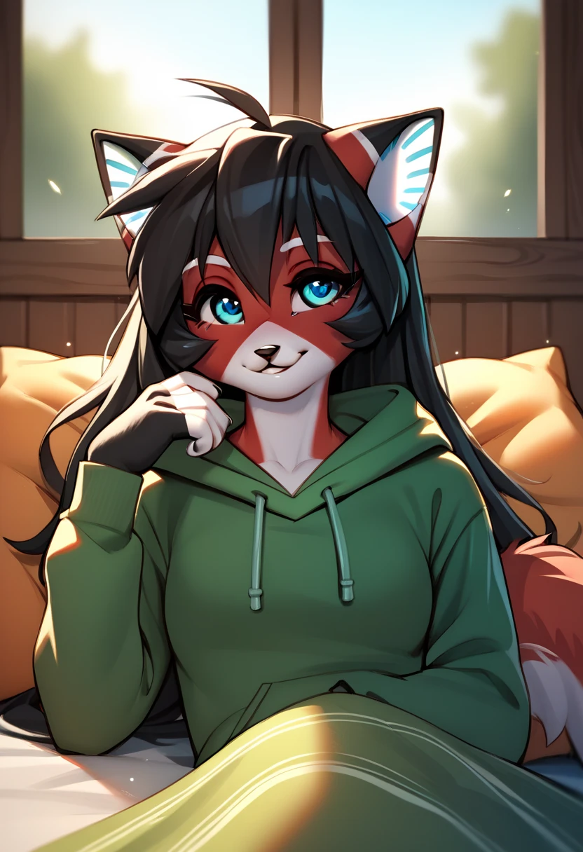 score_9, score_8_up, score_7_up, score_6_up, score_5_up, score_4_up, source_furry, a female anthro fluffy, solo, female, ara, black hair, furry, cat girl, lime blanket, lying on bed, front view,  In modern house, light blush, black-green hoodie, black-green pants, very fluffy, window, sunshafts, lighting, smiling