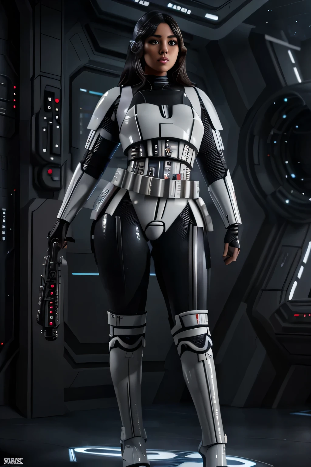 beautiful thick tween girl, sexy black stormtrooper armor from star wars, voluptuous, full body, thick legs, slimwaist, dark hair, thick hips, sexy pose, round ass, futuristic starship crew member, hyperrealistic, scifi, realistic, cinematic, highly detailed, female character, 8k, high detail, intricate, highly detailed vfx portrait