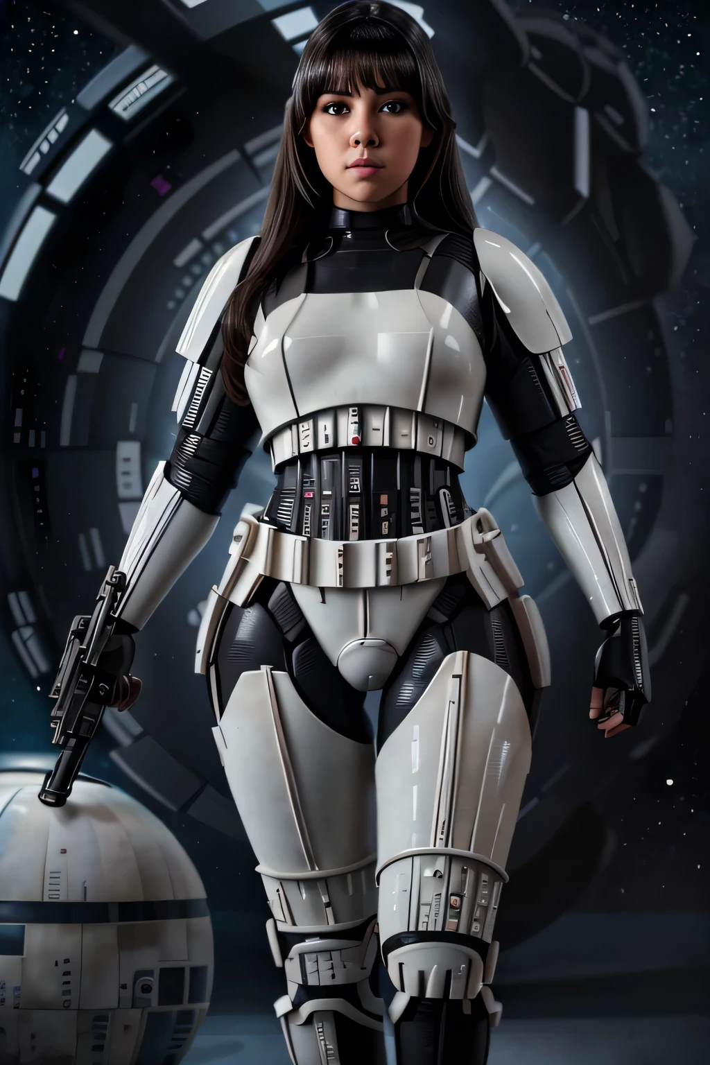 beautiful thick ten girl, sexy black stormtrooper armor from star wars, voluptuous, full body, thick legs, slimwaist, dark hair, thick hips, sexy pose, round ass, futuristic starship crew member, realistic, cinematic, highly detailed vfx portrait