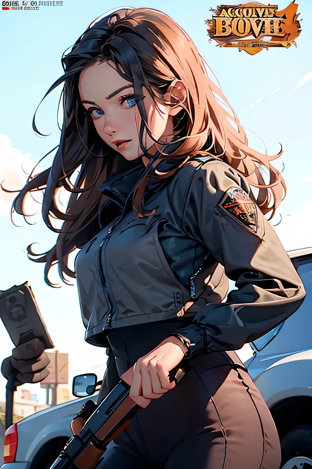 movie poster .action . Beautiful woman . She is 25 years old . height 180 centimeters . Breast size 3 . blue eyes . brown-haired . She has a gun in her hands .
