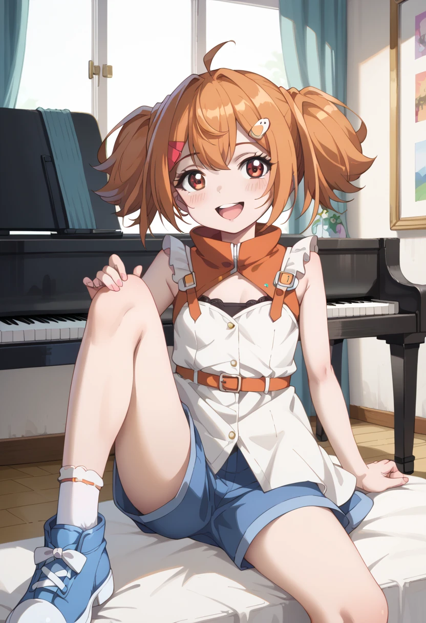 (( top quality )), ((masterpiece)), (be familiar with), perfect face, indoor, bedroom, Watching viewers,
One woman, Yuen Hui,
 open mouth,  ecstatic expression beside the piano, blush, smile,
 small ,  flat chest, Young girl, Lori,  kids,  girl,
Short Hair,  twin tails,
Leg spread,