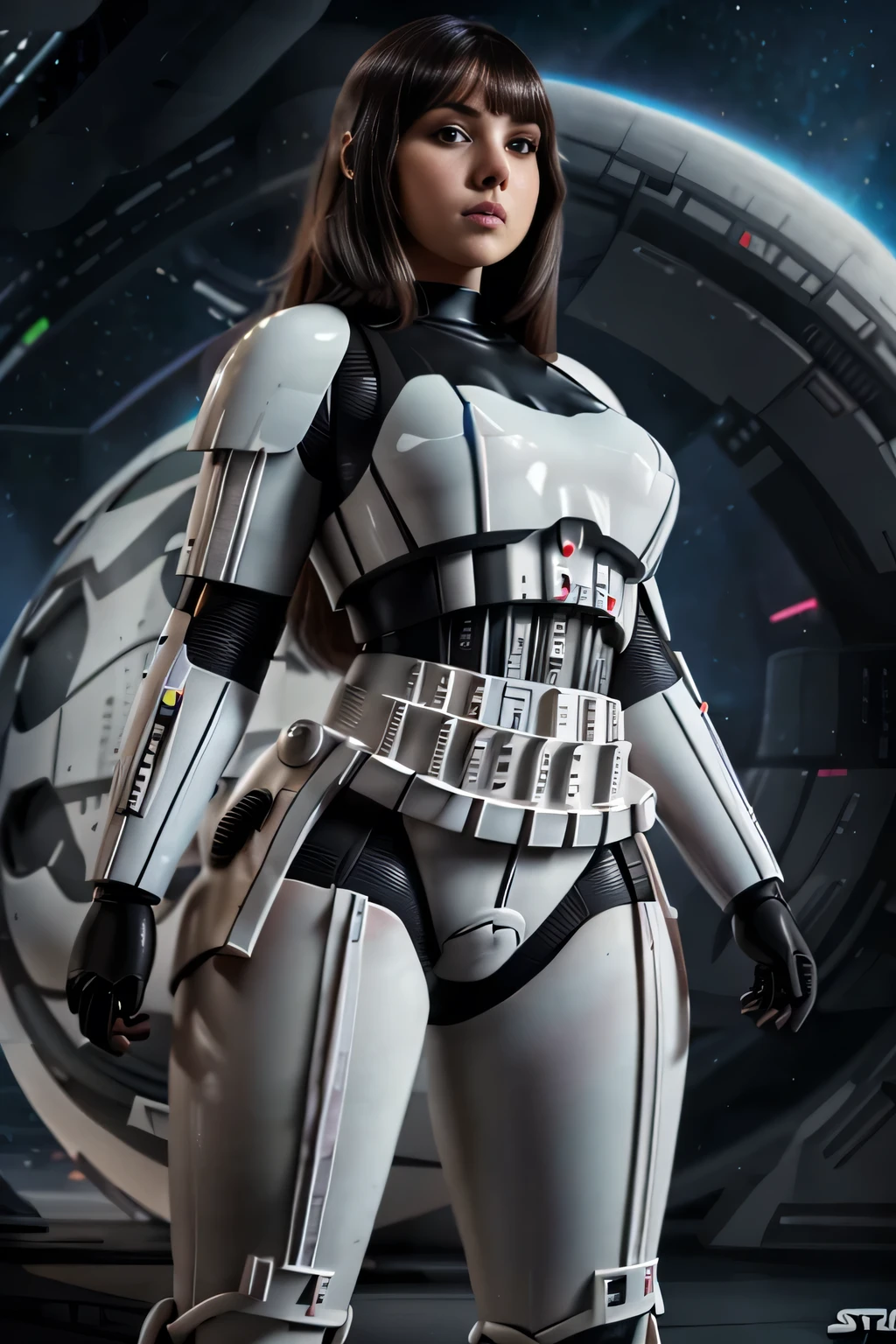 beautiful thick ten girl, sexy stormtrooper armor, voluptuous body, thick legs, slim waist, dark hair, big hips, round ass, futuristic starship, realistic, cinematic, highly detailed vfx portrait