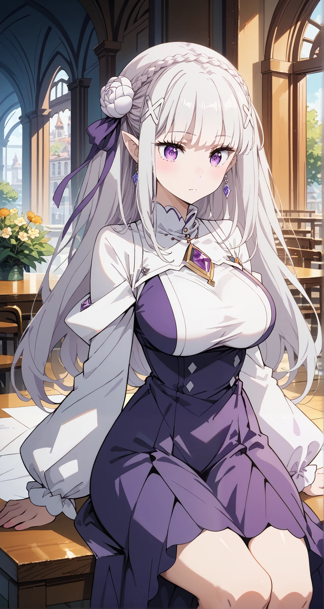 score_9, score_8_up, score_7_up, source_anime, 4K,perfect fingers, (perfect hands, perfect anatomy),source_anime,
1girl, emilia, braid, crown braid, flower, hair flower, hair ornament, hair ribbon, long hair, pointy ears, purple eyes, white hair, x hair ornament, large breasts,,
wearing ((purple dress)),,
Gorgeousカジノ,She poses elegantly with a confident expression, ((sitting on the table)),