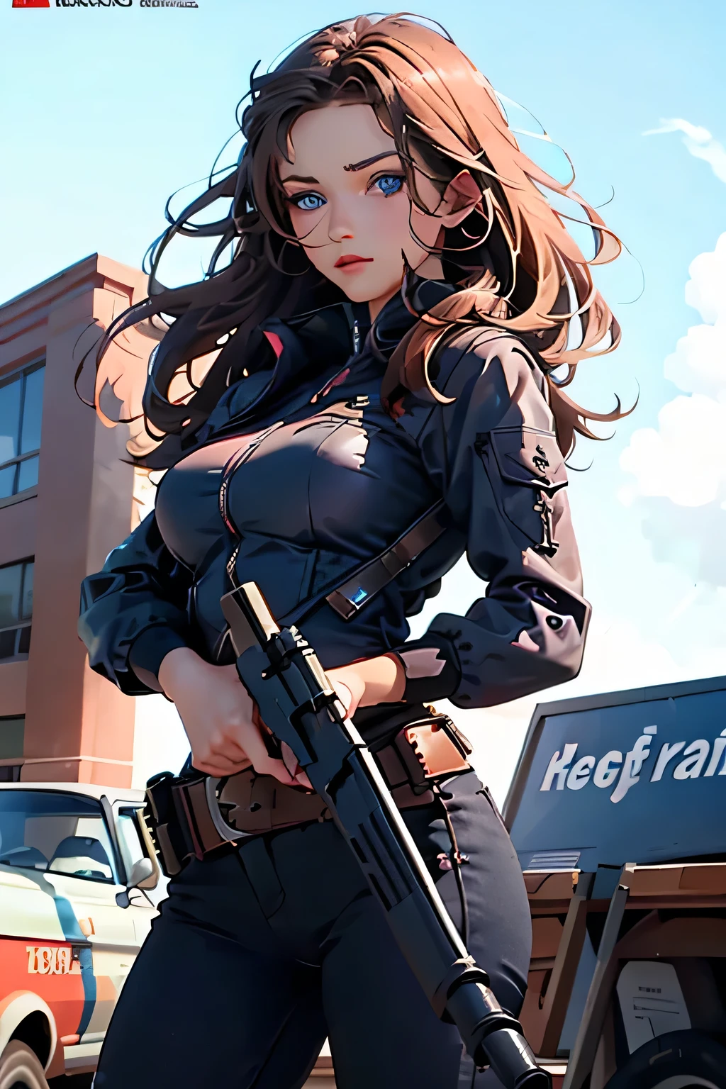 movie poster .action . Beautiful woman . She is 25 years old . height 180 centimeters . Breast size 3 . blue eyes . brown-haired . She has a gun in her hands .