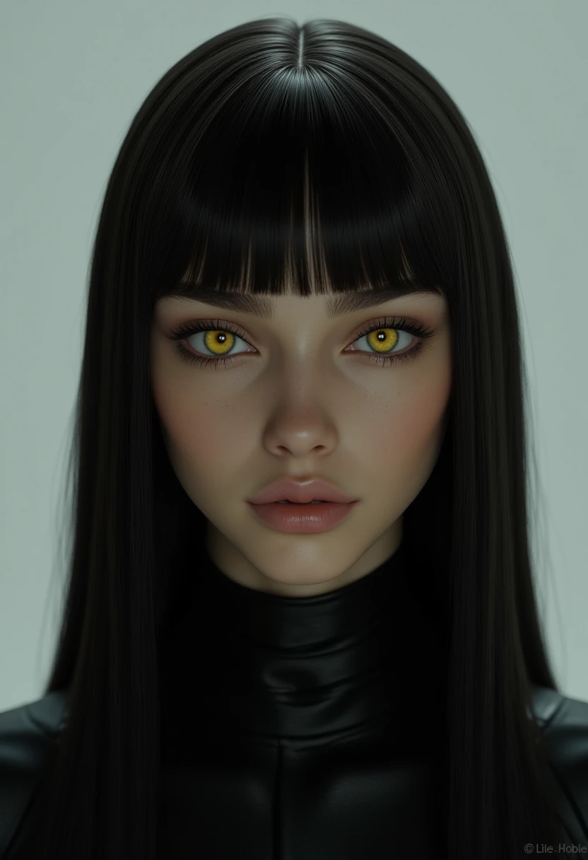 The image is a high-resolution CGI rendering of a person with an otherworldly appearance. The subject is a person with a dark, exotic complexion, likely of Middle Eastern or Asian descent. They have long, dark hair styled in a sleek, straight manner with blunt bangs framing their face. Their eyes are a striking, glowing yellow with vertical pupils, giving them an intense, almost alien-like appearance.