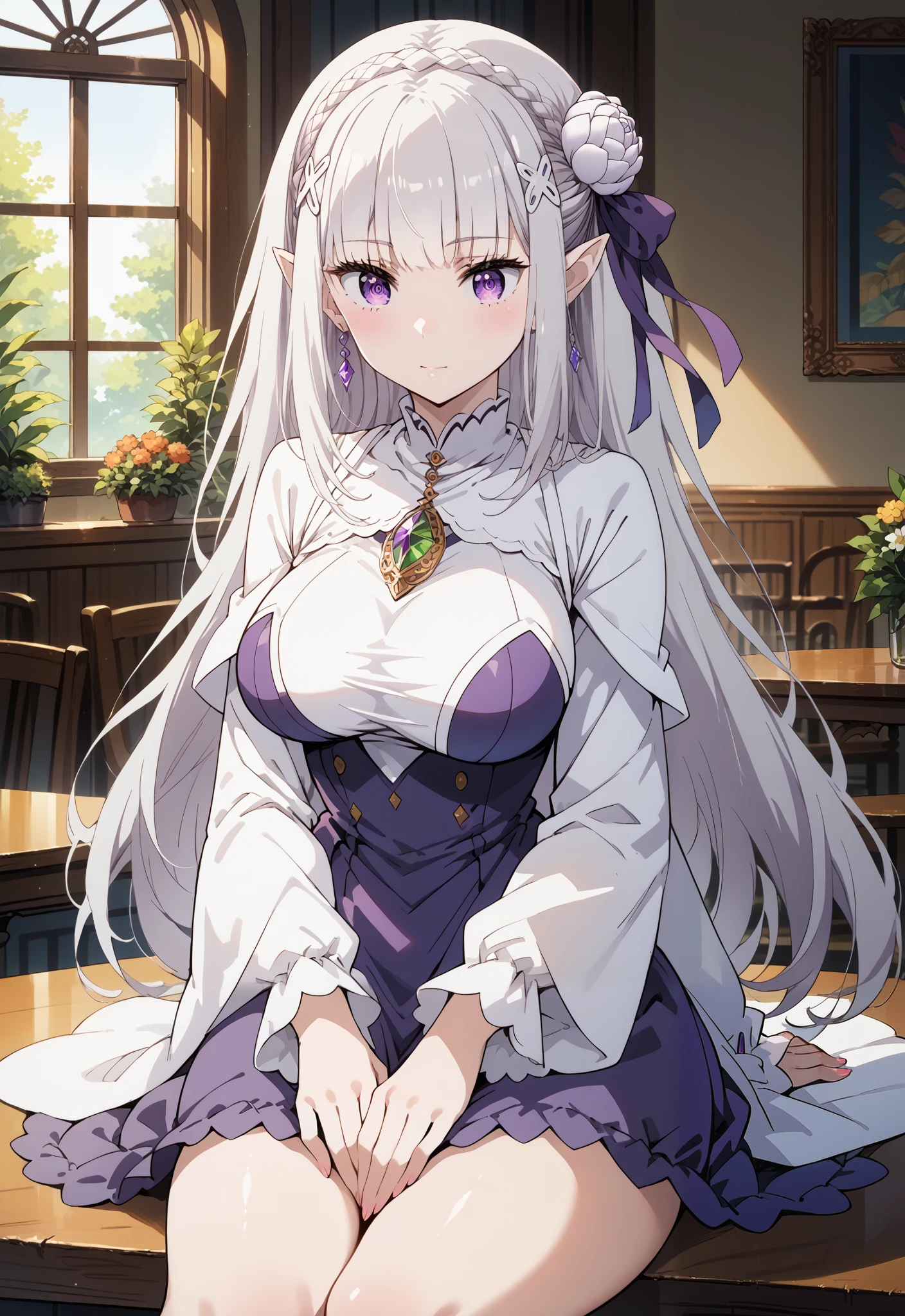 score_9, score_8_up, score_7_up, source_anime, 4K,perfect fingers, (perfect hands, perfect anatomy),source_anime,
1girl, emilia, braid, crown braid, flower, hair flower, hair ornament, hair ribbon, long hair, pointy ears, purple eyes, white hair, x hair ornament, large breasts,,
wearing ((purple dress)),,
Gorgeousカジノ,She poses elegantly with a confident expression, ((sitting on the table)),