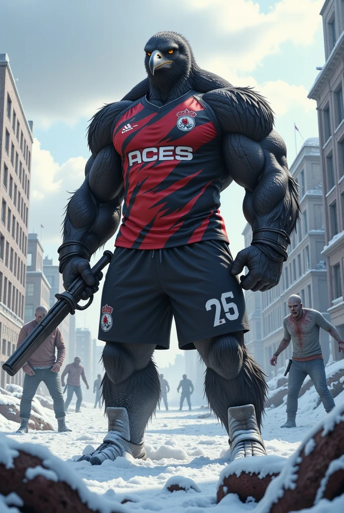  In the middle of a frozen battlefield ,  where ice merges with destruction and chaos ,  an imposing figure stands out : An imposing muscular vulture , reminiscente do Hulk,  rises majestically .  Their black feathers shine under the pale light of the sun ,  while defined muscles stand out under your skin . The creature, with a threatening expression,  wears a Flamengo jersey ,  proudly stamped with the initials  "ACE5 " in the center,  symbolizing strength and unity .

In your clutches,  the vulture wields powerful weapons ,  a mix of rifles and swords ,  ready to face the hordes of zombies that emerge from the shadows of the frozen ruins.  The scene is filled with chaos — sounds of Screams and gunshots echo in the air ,  while zombies ,  with disfigured faces and hungry eyes ,  slowly advance towards the imposing guardian .