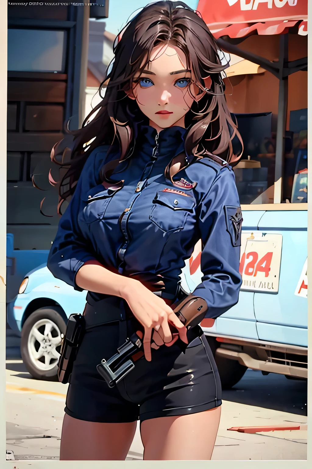 movie poster .action . Beautiful woman . She is 25 years old . height 180 centimeters . Breast size 3 . blue eyes . brown-haired . She has a gun in her hands .