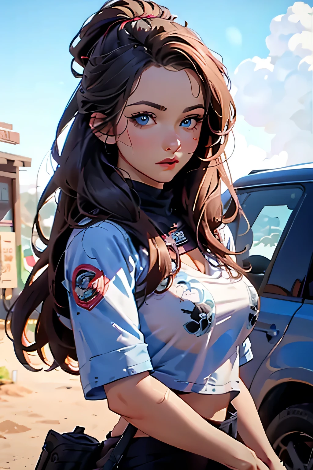 movie poster .action . Beautiful woman . She is 25 years old . height 180 centimeters . Breast size 3 . blue eyes . brown-haired . She has a gun in her hands .