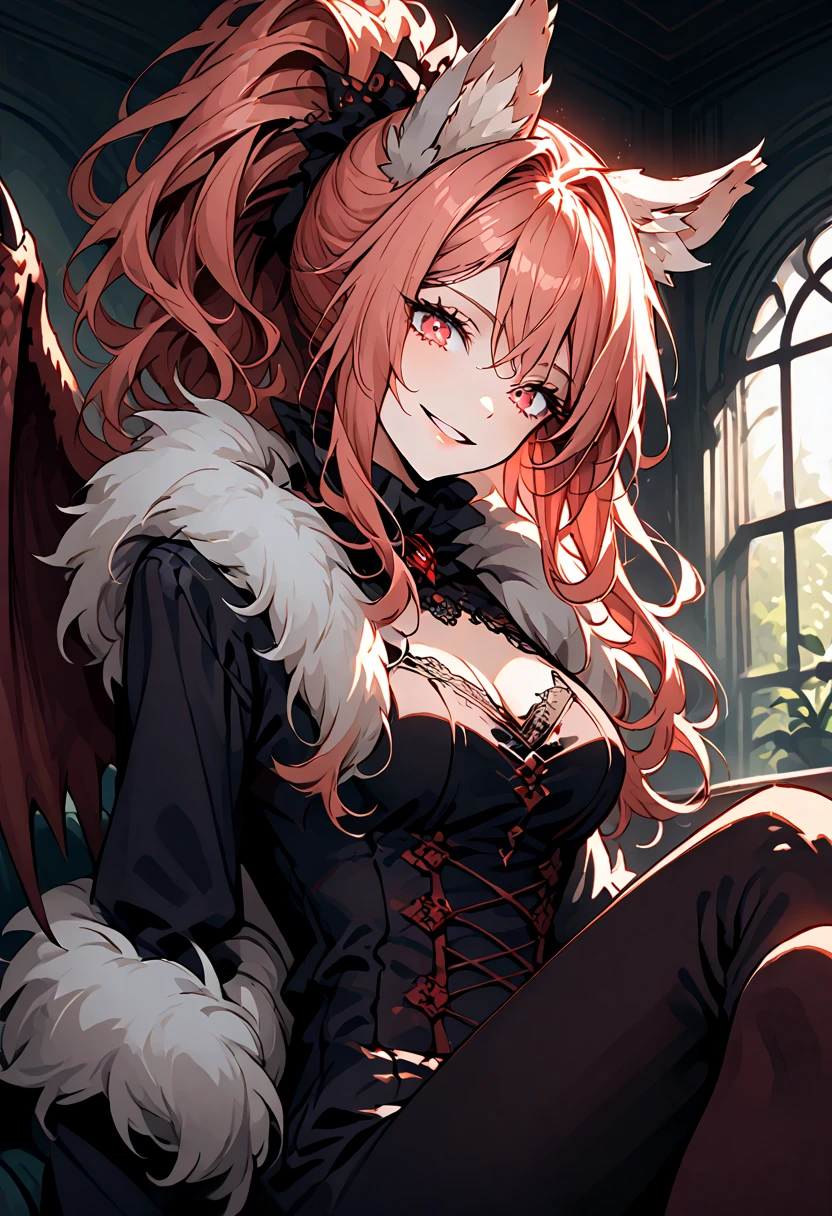 solo, close up, female, red eyes, light red hair, long wavy hair, ponytail, neat straight hair, ManticoreMGE, monster girl, prehensile tail, animal ears, fur, wings, claws, victorian, young, sitting on couch, looking up at viewer, casual clothes, from side, wide smile, indoors, wide open eyes, head tilt, excited, tomboy, tight clothes, playful, energetic, sunny, indoors, cleavage, large breasts, slim waist, garden