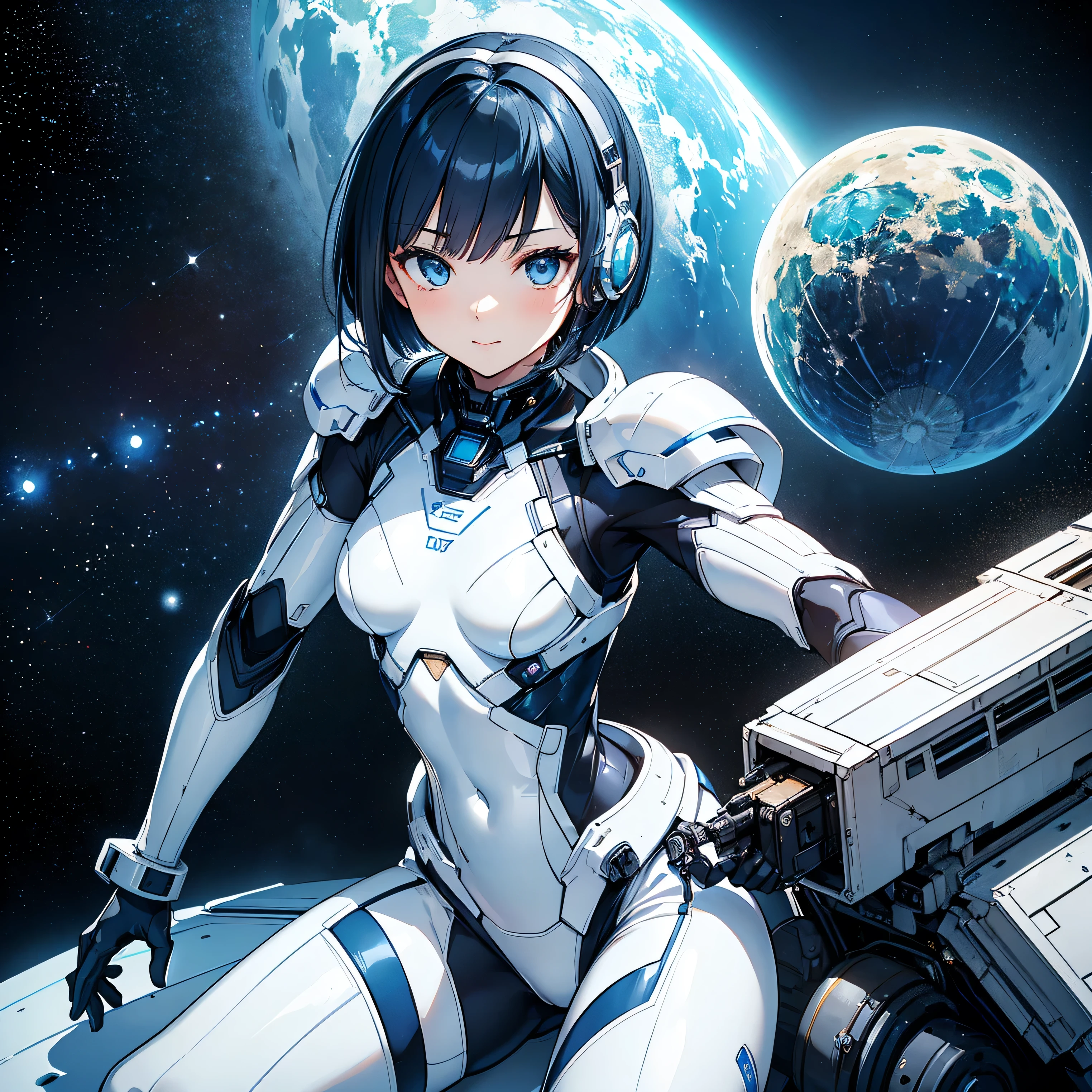(masterpiece、 top quality 、 highest resolution、 clear_image、 Detailed Details): (Whole body、A 20 year old girl、Japanese Faces、 small face、 slender、 dark blue super short bob cut hair、(Hidden small breasts:1.3)、Sparkling blue eyes 、 white, blue, and black shiny pilot suit、Chest protection armor、Tight fitting clothes、Clothing that covers the whole body、Glamorous clothes、 tight fit pants 、Hide your skin、 very delicate and beautiful、Detailed Skin、Hide your thighs、Hide your ass、 cute、A gentle smile、Soft expression、heroine、 headset、 long boots、Elbow-length gloves、 eye level shot、Peace talks between warring factions,attention arousal, Clever Blue Eyes,Face directly、 woman on a spaceship )、 background、Moon in the background、shiny pilot suit in white, blue and black colors with galaxy clouds on the background 、Meteor Shower