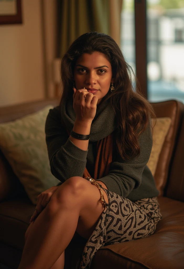 score_9, score_8_up, score_7_up, score_6_up, score_5_up, score_4_up BREAK Serenity BRAY, latina-native american mature woman, long hair, lipstick, eyeliner, eyeshadow, earrings, sweater, scarf, skirt, bracelets, pattern, sitting on the couch, legs crossed, looking at viewer, parted lips, room, window, close up BREAK sharp focus, depth of field, global illumination, volumetric lighting