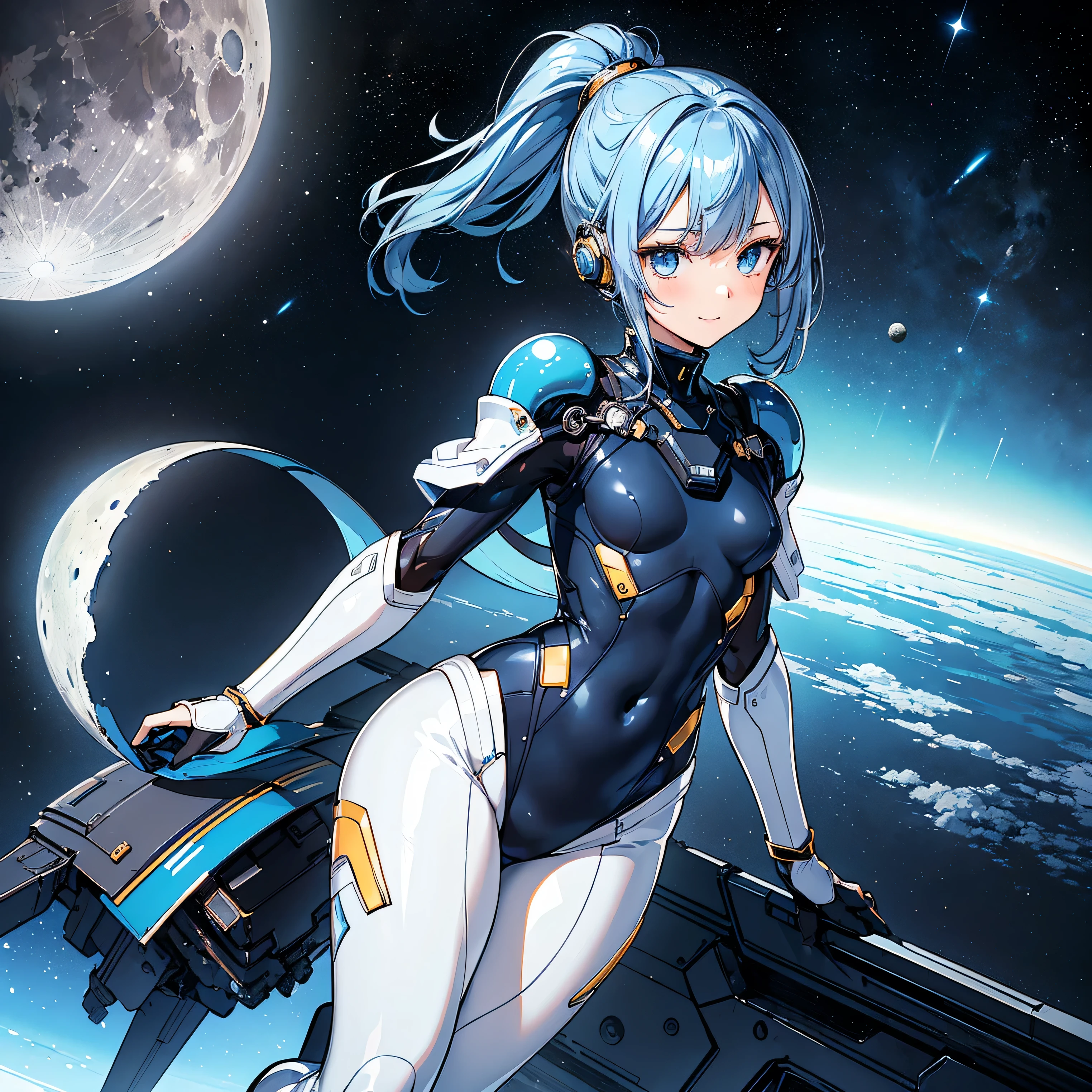(masterpiece、 top quality 、 highest resolution、 clear_image、 Detailed Details): (Whole body、A 20 year old girl、Japanese Faces、 small face、 slender、Navy blue high knot ponytail、、(Hidden small breasts:1.3)、Sparkling blue eyes 、 white, blue, and black shiny pilot suit、Chest protection armor、Tight fitting clothes、Clothing that covers the whole body、Glamorous clothes、 tight fit pants 、Hide your skin、 very delicate and beautiful、Detailed Skin、Hide your thighs、Hide your ass、 cute、A gentle smile、Soft expression、heroine、 headset、 long boots、Elbow-length gloves、 eye level shot、Peace talks between warring factions,attention arousal, Clever Blue Eyes,Face directly、 woman on a spaceship )、 background、Moon in the background、shiny pilot suit in white, blue and black colors with galaxy clouds on the background 、Meteor Shower