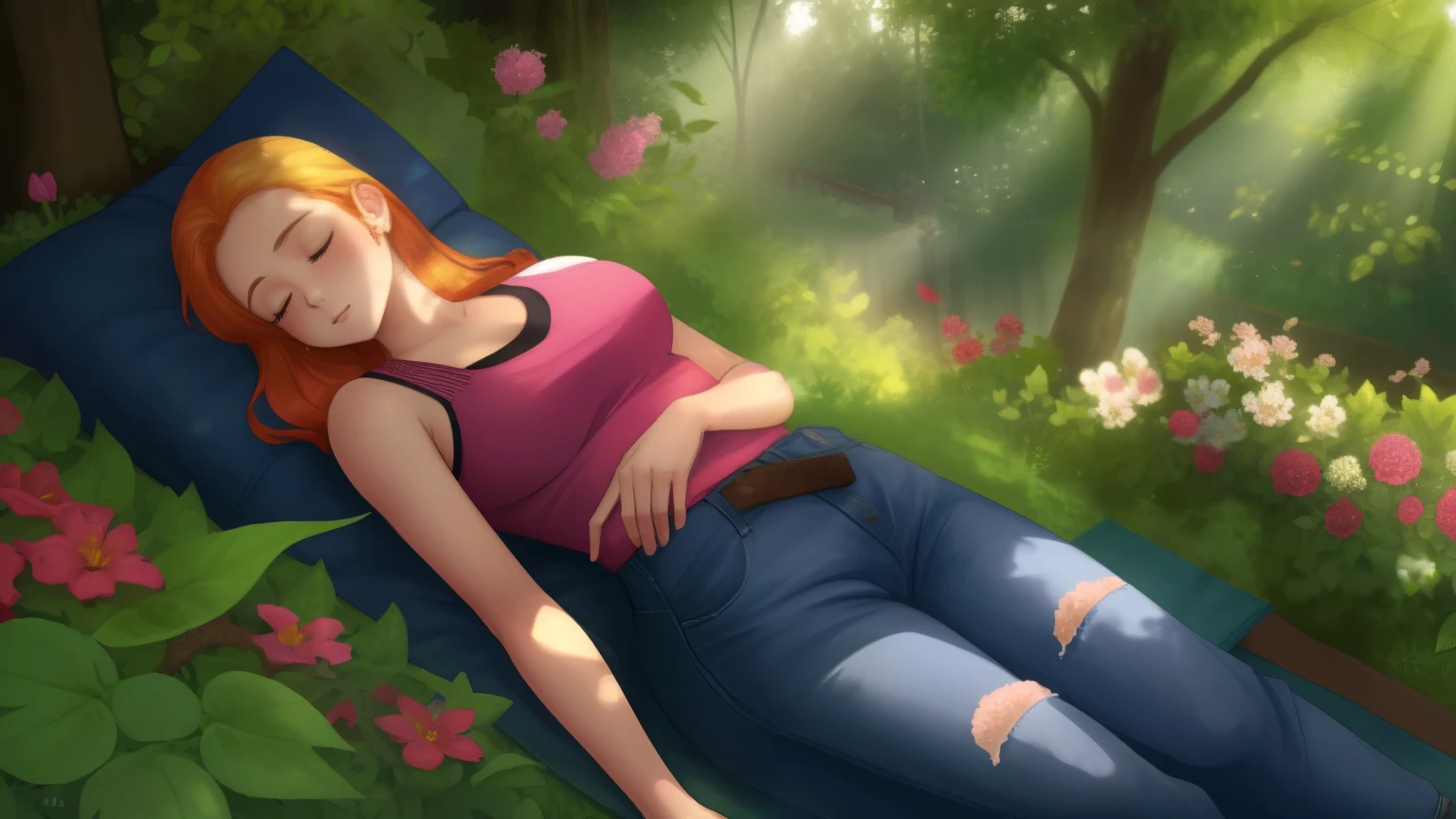 Hermione masturbates, lying on the grass, Hagwarts