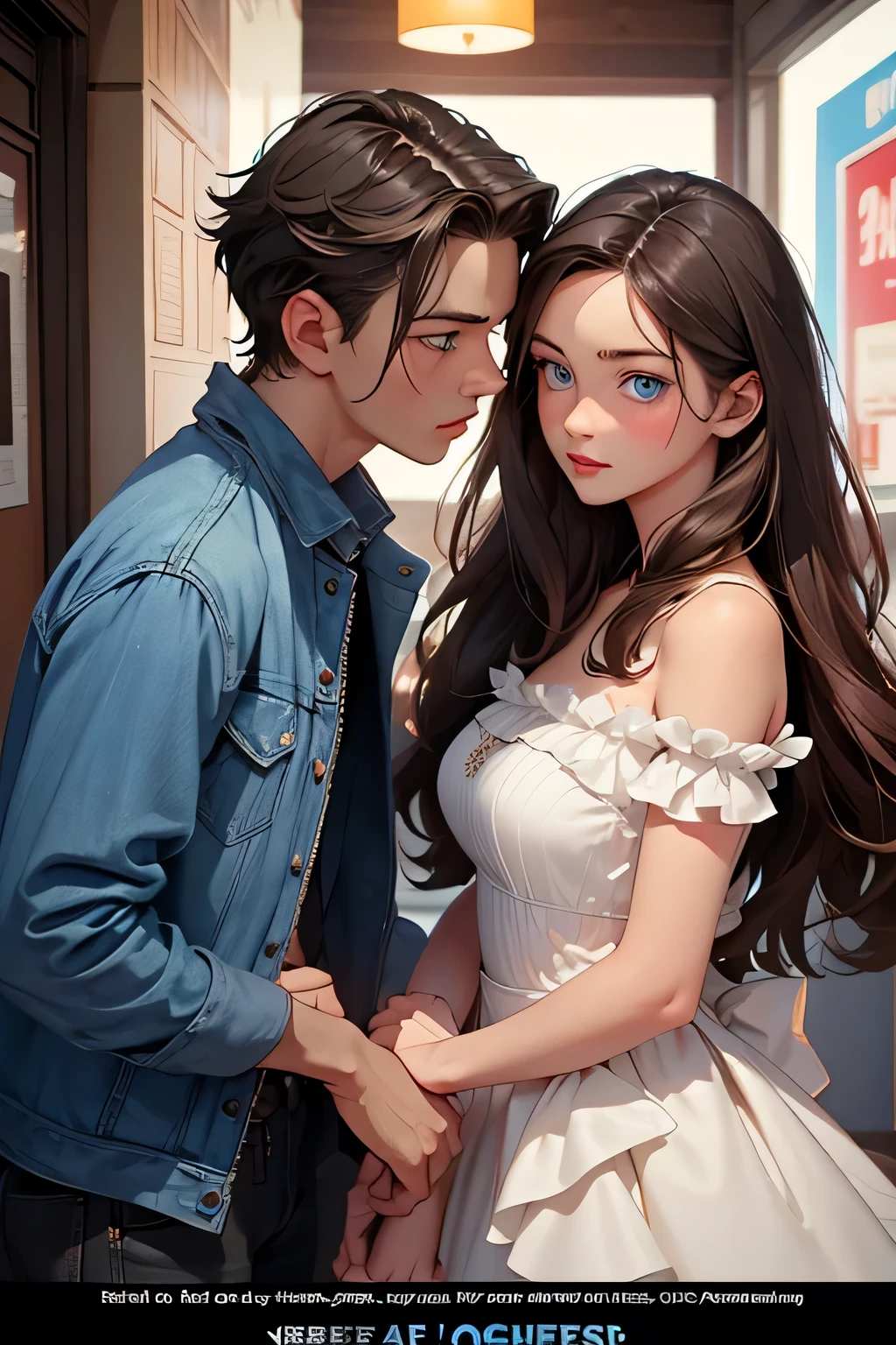 movie poster . melodrama  .  Boy with girl . Beautiful woman . She is 25 years old . height 180 centimeters . Breast size 3 .  blue eyes  . brown-haired .