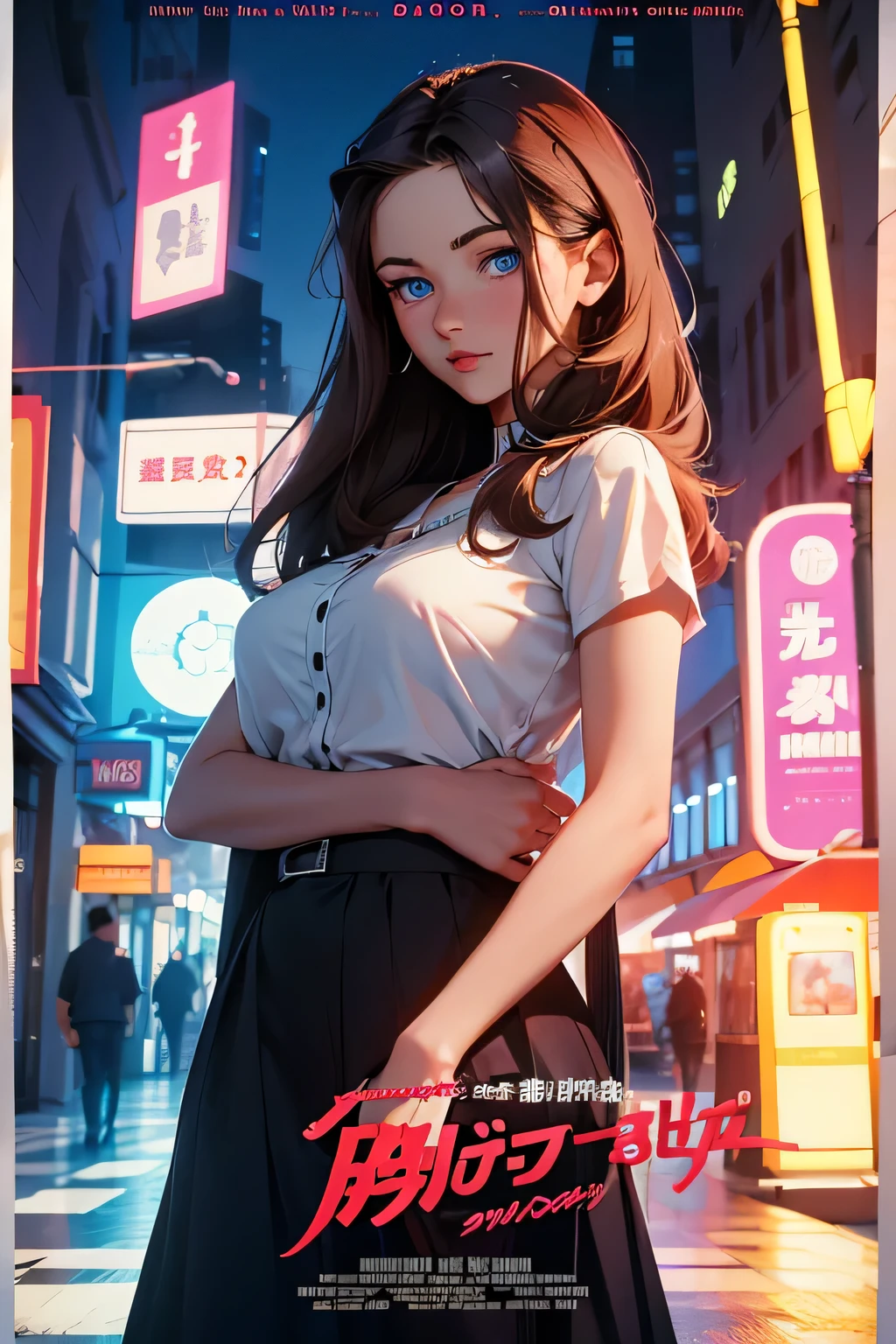 movie poster . melodrama . Boy with girl . Beautiful woman . She is 25 years old . height 180 centimeters . Breast size 3 . blue eyes . brown-haired .