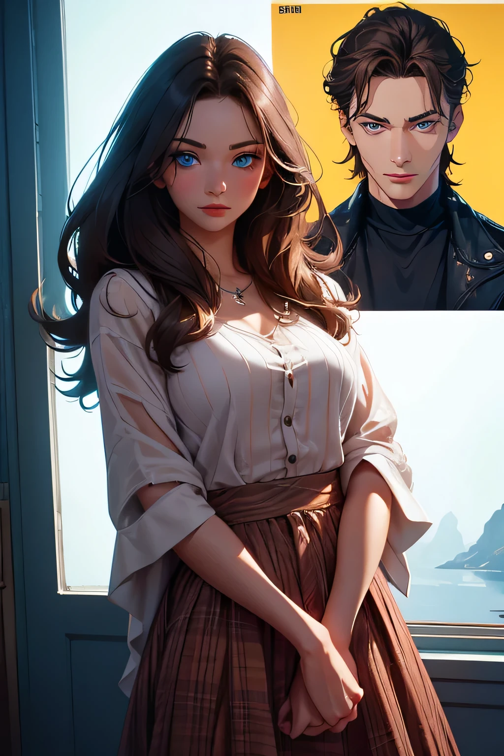 movie poster . melodrama . Boy with girl . Beautiful woman . She is 25 years old . height 180 centimeters . Breast size 3 . blue eyes . brown-haired .