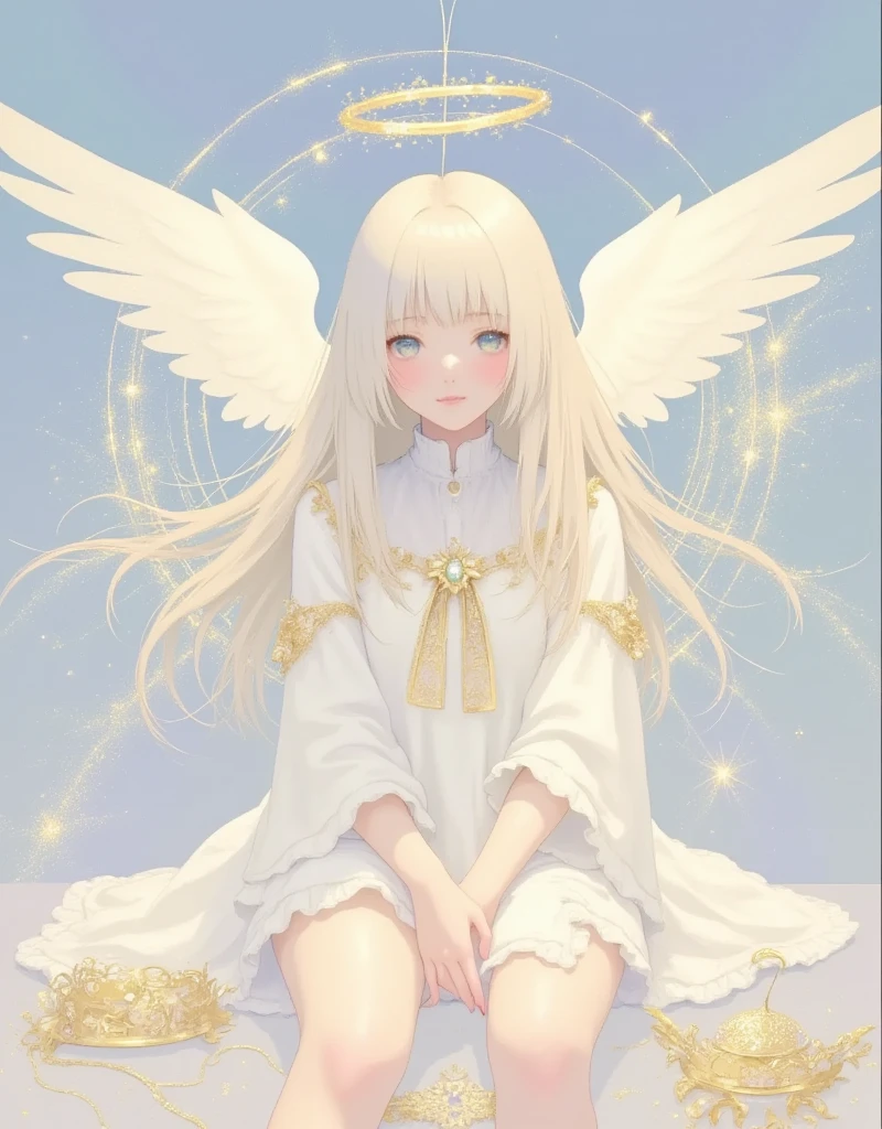 ultra detailed, best quality, 1girl, she is fallen angel, smile , sitting , look at me, blue color, angelic atmosphre, bright , glittering particles, shiny, soft color, kawaii anime, cute illustration, angell dust falling, fancy style,
