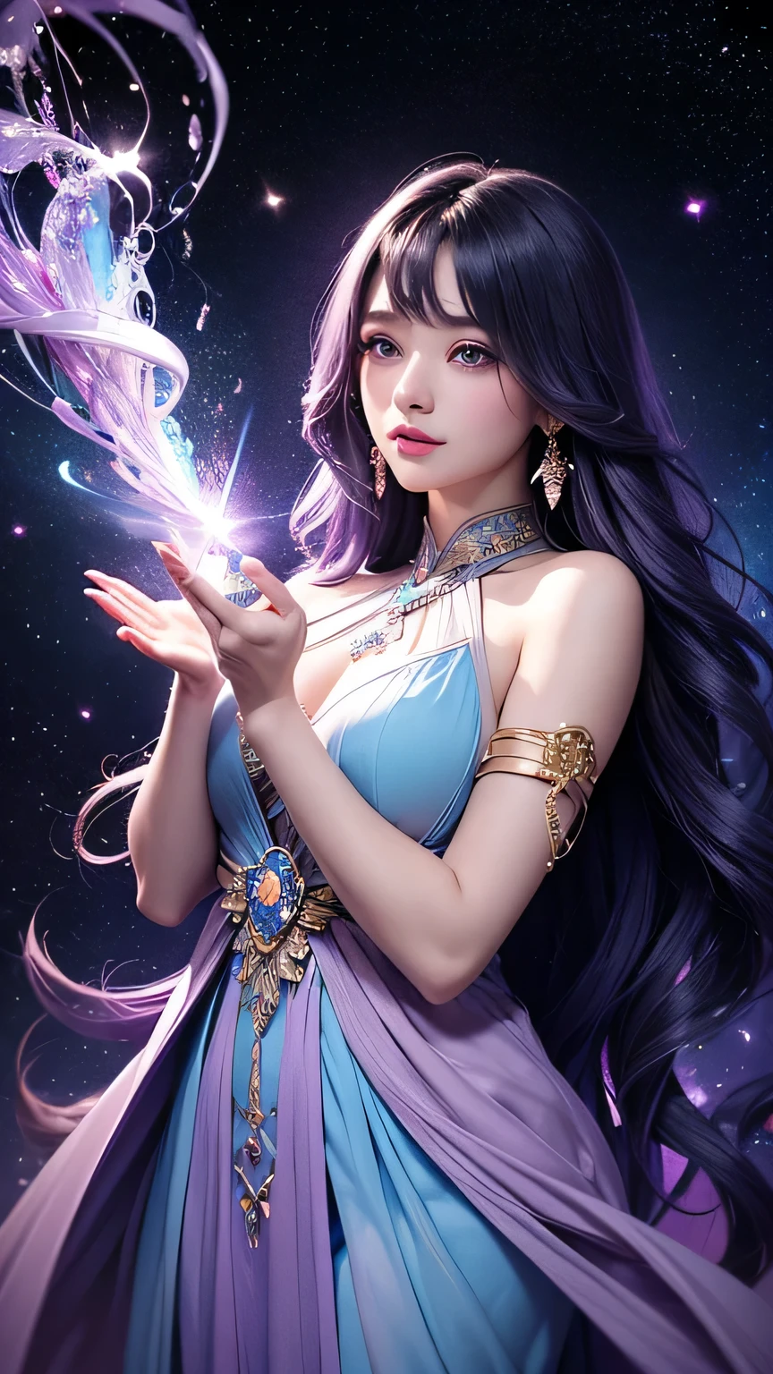 (Masterpiece, top quality, best quality, extreme detail, highest detail, official art, Beauty and Aesthetics: 1.2), Colorful, Denim Shot, Upper Body Shot, Beautiful Face, Solo, Perfect Body, On the Sky Clouds, Fairy, Flowing Streamers, Sun Rays, Clouds, Full Body, Hanfu, Chinese Clothes, White Dress, Water, Fireflies, Night, Starry Sky, Jewelry, Feathers on Dresses, Peacock Feathers, Light Particles, Volumetric Lighting, Ray Tracing (Flowing Streamers: 1.1), (Fantasy: 1.2), Illuminator, Stars, Fantasy, High Contrast, Ink Strokes, Overexposure, Purple and Red Tone Impressions, Abstract, ((Watercolor by John Berkey and Jeremy Man)) Brush Strokes,
