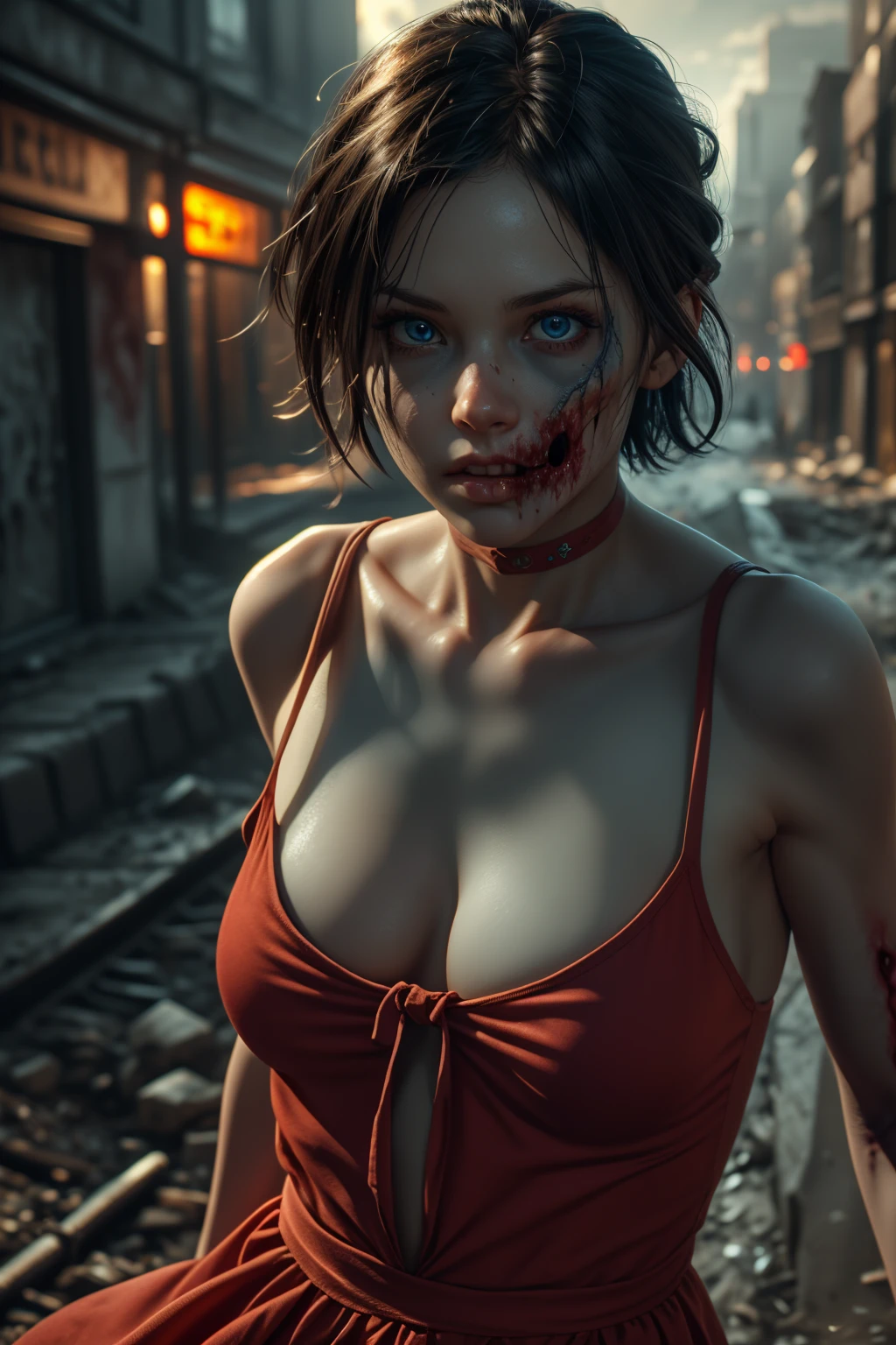 40_Zoey olderv2,Zombie,dynamic angles,masterpiece,(detailed),(detailed skin),short hair,a red bow in her hair,blue eyes,wearing a cute dress,outdoors,solo,breasts,cleavage,collarbone,lips,in an apocalyptic city,extremely detailed 8K,smooth,high resolution,ultra quality,highly detailed,perfect eyes,both eyes are the same,hd,2k,4k,8k,16k,(((full body))),(((action poses))),(looking at viewer),vivid colors,volumetric lighting,volumetric light,hdr,ray tracing,