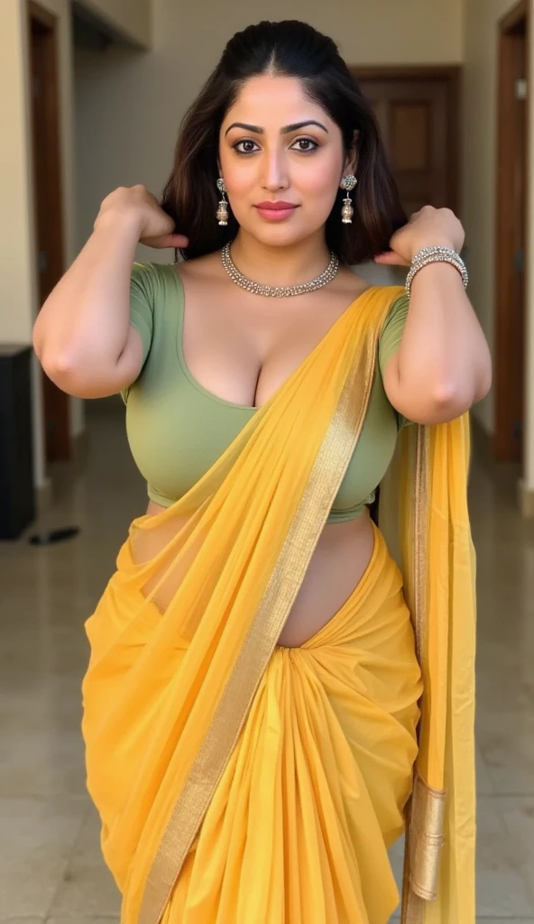 Indian 23 years old beautiful sexy girl beautiful modern deferent modern colorful yellow t-shirt and wiring Banaras yellow saree, big c-cup breast, deferent modern hairstyle, bright eyes, thin eyebrows, fair skin, blushing cheeks, prefect curvy body, head to thigh view, smiling face, Kamasutra expression, standing on beautiful airport different background, ultra realistic, head to thigh view, black hair, cleavage, beautiful night view
