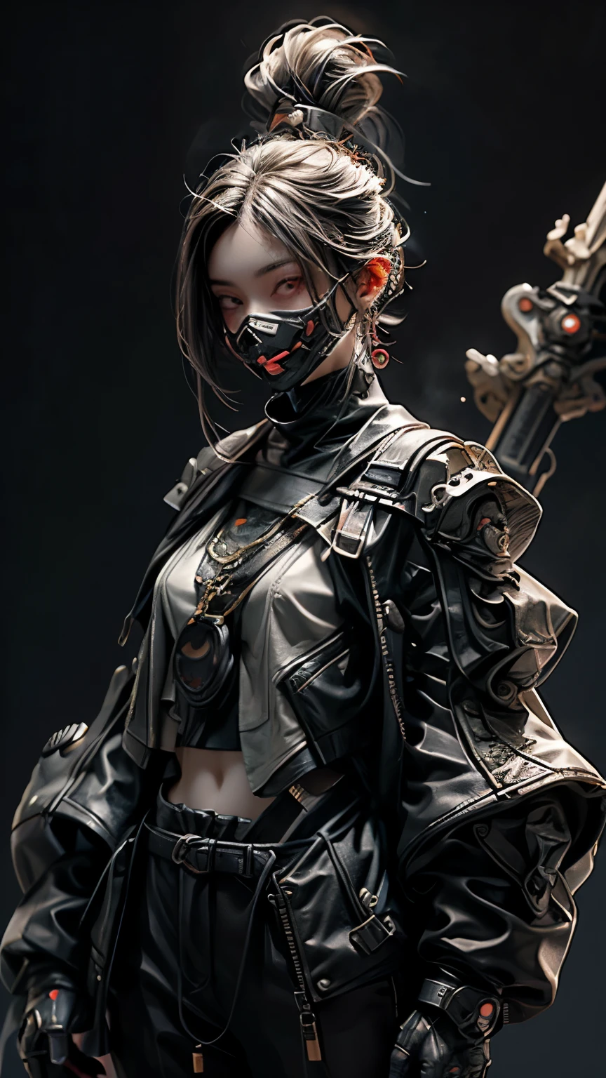 This is a hyper-detail、High resolution and superior quality CG Unity 8k wallpaper，The style is cyberpunk，principalmente preto e vermelho。Na foto, A beautiful girl with short hair with messy white hair appears，s rosto delicado，Using a steam wick mask，The eyes are equipped with high-precision infrared battlefield scanning mirrors，The woman holds a heavy giant sword in her hand，Ele usa um exoesqueleto mech high quality  , solid dark  single color background 