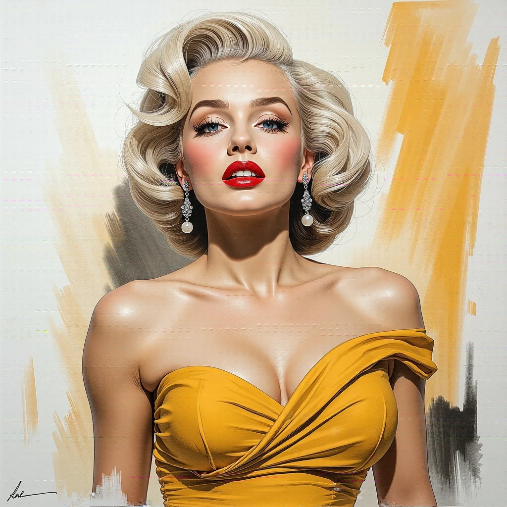 a drawing of a woman in a yellow dress, by Rolf Armstrong, marilyn monroe portrait, portrait of marilyn monroe, by stanley artgerm, like rolf armstrong style, drawn in the style of mark arian, artgerm and gil elvgren, by Marshall Arisman, gorgeous painting, stunning drawing, stunning painting, marilyn monroe, elegant and refined painting