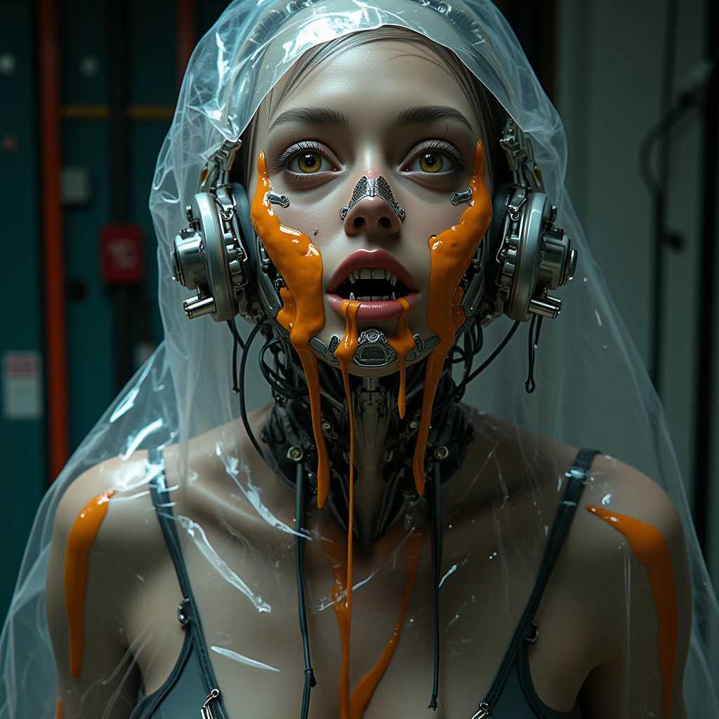 A cybernetic woman stands close to the camera, her face a striking fusion of technology and flesh, entirely covered by a transparent polyethylene bag. Beneath the plastic, her cyber-implant features are revealed: a face composed of intricate mechanical parts, with a sharp, angular jawline and teeth resembling menacing fangs. Her glowing eyes pierce through the translucent cover, exuding an eerie, otherworldly intensity, while a metallic nose piercing adds a touch of raw edge to her look.

The setting is a dimly lit studio, its walls and floor draped in chaotic sheets of polyethylene. Wires snake through the scene, dangling from above and sprawling across the ground, creating a tangled, dystopian atmosphere. The space feels both sterile and industrial, with faint glimmers of light reflecting off the glossy surfaces.

A visceral detail disrupts the synthetic harmony: sticky, vibrant mandarin juice slowly drips down her body, its vivid orange hue starkly contrasting the cold, metallic tones of her appearance and the environment. The juice smears across her cybernetic skin, adding a visceral, organic element to her otherwise mechanized presence, as if nature itself is resisting her transformation.