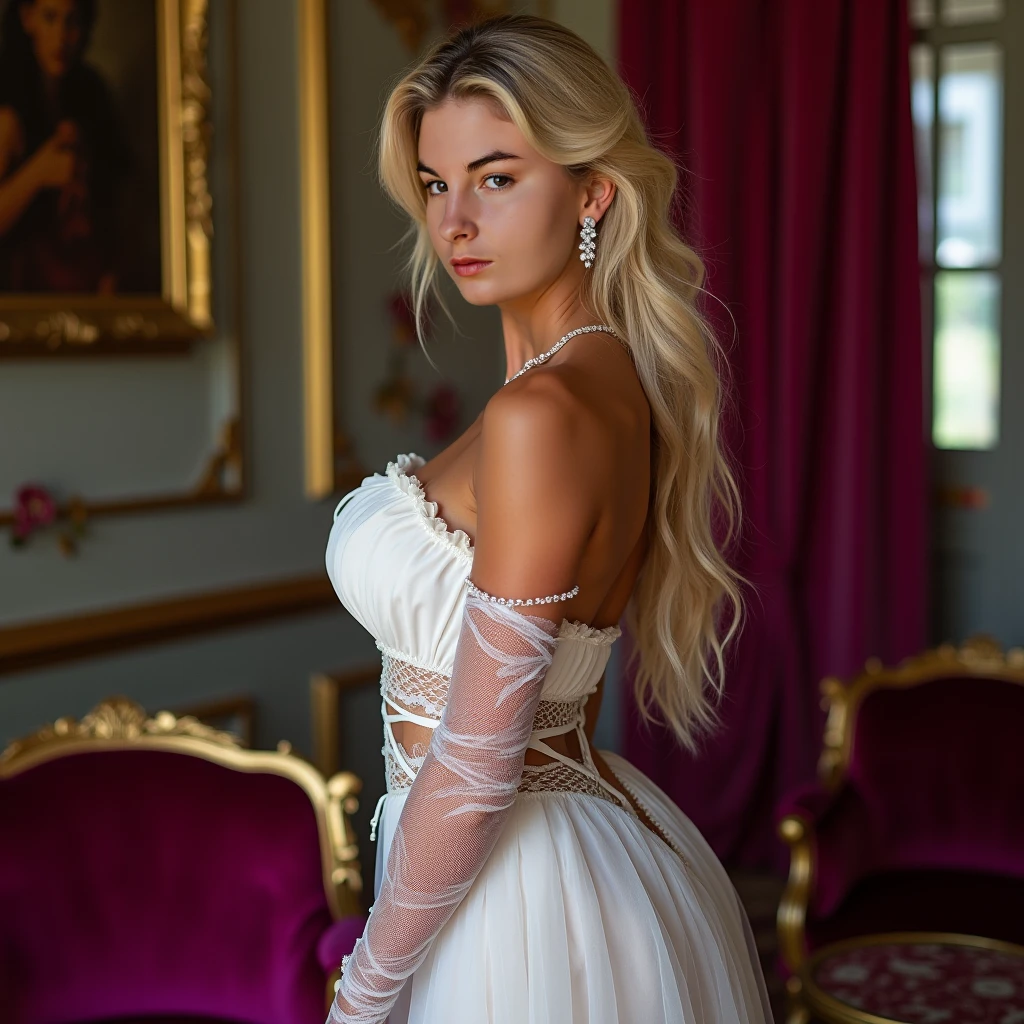 Realistic full body photo of a blonde with long hair, open mouth. astonished. She dances in front of the camera in a long A-line dress with straps made of shiny blue-silver satin., Park,glamour fotoshooting, Wedding celebration, perfect anatomy, perfect blue eyes. Perfect hands with 5 fingers on each hand, Matching girl, look into the camera, 1 Frau. (Eye make up:1.1), (highly detailed skin:1.1), spirit, analog style, keen focus, 8K UHD, dslr, good quality, Fujifilm XT3, Grain, Award-winning, masterpiece. Wedding celebration. She sits on a bench and shows her beautiful long dress. Beautiful shoes