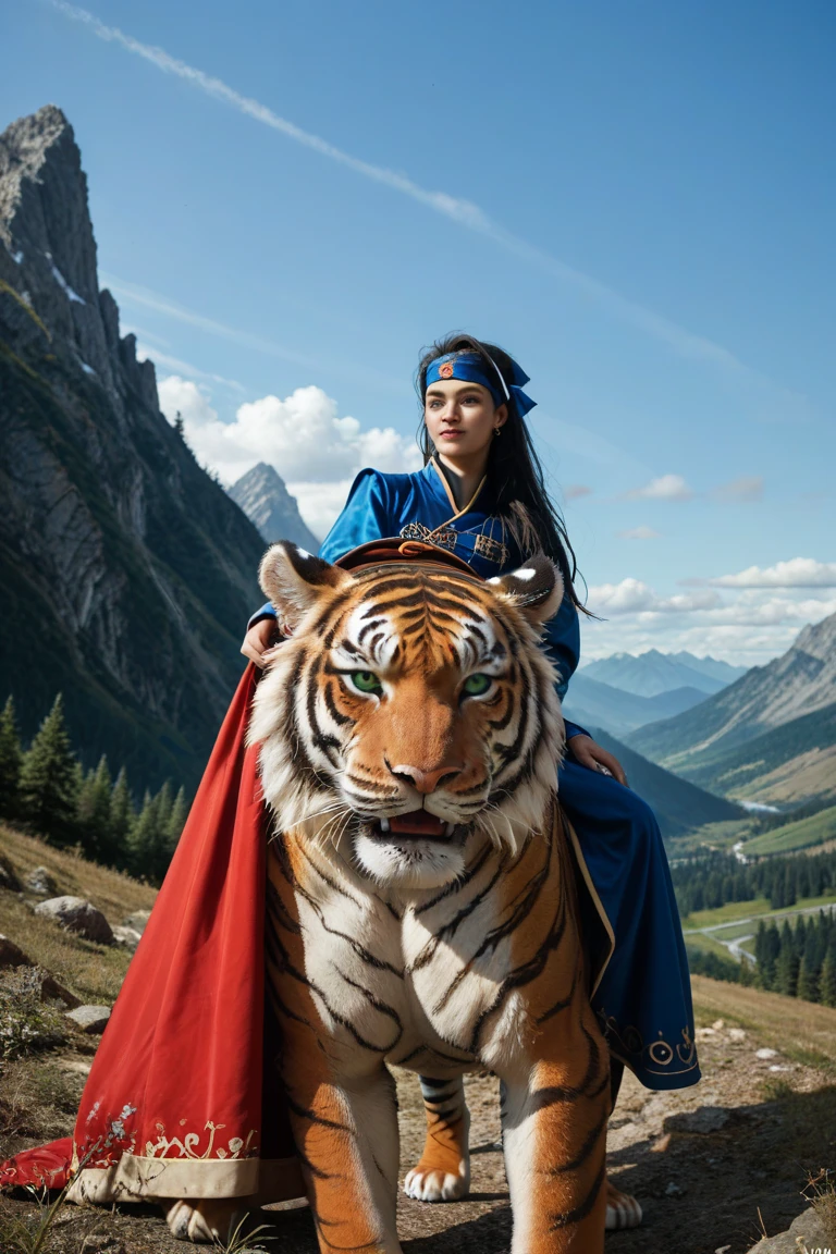 a majestic and large white tiger with thick black stripes walks through the mountains. Riding on the tiger was a young man with long black hair wearing a headband, wearing a royal battle robe, exuding confidence and calm. The terrain is surrounded by towering steep mountains and clear blue skies providing a dramatic yet serene atmosphere. The tiger's fur should be detailed and lively, with piercing blue or green eyes, and the overall image should combine fantasy realism with an air of adventure.