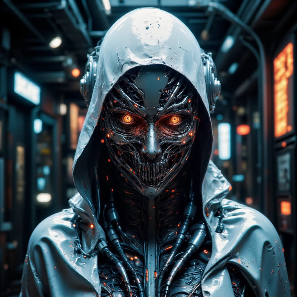 A cybernetic woman stands close to the camera, her face a striking fusion of technology and flesh, entirely covered by a transparent polyethylene bag. Beneath the plastic, her cyber-implant features are revealed: a face composed of intricate mechanical parts, with a sharp, angular jawline and teeth resembling menacing fangs. Her glowing eyes pierce through the translucent cover, exuding an eerie, otherworldly intensity, while a metallic nose piercing adds a touch of raw edge to her look.

The setting is a dimly lit studio, its walls and floor draped in chaotic sheets of polyethylene. Wires snake through the scene, dangling from above and sprawling across the ground, creating a tangled, dystopian atmosphere. The space feels both sterile and industrial, with faint glimmers of light reflecting off the glossy surfaces.

A visceral detail disrupts the synthetic harmony: sticky, vibrant mandarin juice slowly drips down her body, its vivid orange hue starkly contrasting the cold, metallic tones of her appearance and the environment. The juice smears across her cybernetic skin, adding a visceral, organic element to her otherwise mechanized presence, as if nature itself is resisting her transformation.