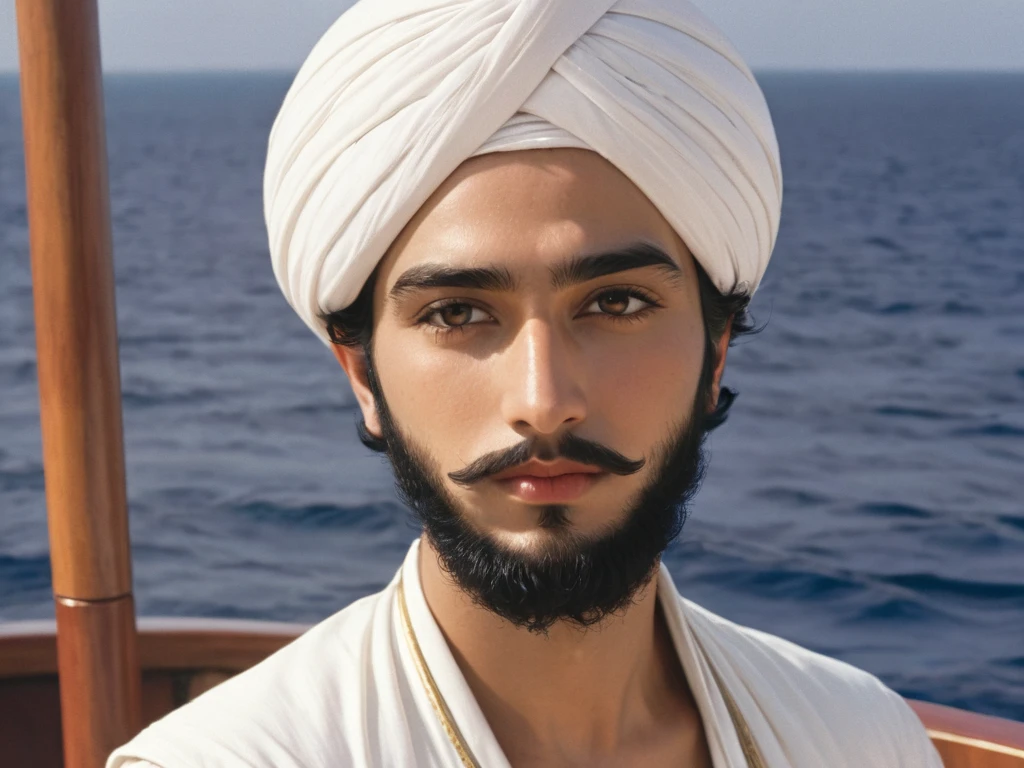 a young caliph without a ford and mustache in a white outfit and a white turban on a ship