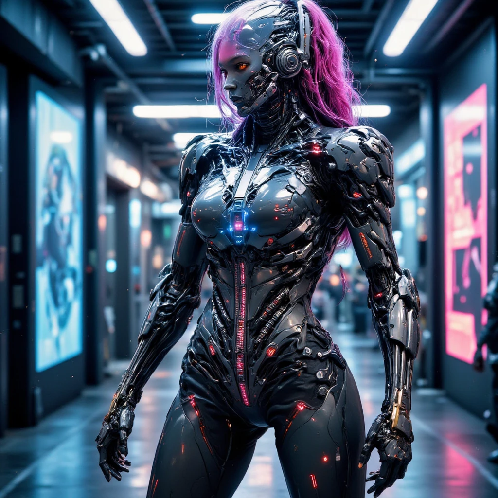 A futuristic cybernetic woman stands close to the camera, her face a complex amalgamation of translucent bio-glass and polished chrome, with a transparent polyethylene film draped over, adding a layer of mystique. Her jawline is sharp, with teeth resembling sleek, metallic fangs. Her eyes emit a soft, pulsating glow, and a delicate, holographic nose piercing shimmers subtly. Her hair is an iridescent cascade, shifting colors between neon pink, cyan, and deep violet, reflecting the latest trends in design.

Her body features unconventional enhancements:

Arms: Her right arm is a series of floating, magnetically connected segments, allowing for fluid and versatile movement. The left arm is a translucent, flexible material, with visible energy currents flowing through, providing both strength and adaptability.

Legs: Her legs are digitigrade, inspired by feline anatomy, granting her enhanced agility and a dynamic silhouette. The surface is a matte black nanomaterial that absorbs light, contrasting with the luminous accents along the joints.

Torso: Her chest houses a visible, crystalline core, pulsating with a soft blue light, symbolizing the fusion of human essence and advanced technology.

The setting is a cutting-edge studio space, with walls composed of modular, holographic panels displaying shifting abstract patterns. The floor is a liquid metal surface, dynamically adjusting to her movements. Suspended in the air are drones projecting beams of light, creating a constantly evolving interplay of shadows and highlights.

In this ultra-realistic 4K composition, every detail is meticulously rendered: the interplay of light on her iridescent hair, the subtle reflections on her bio-glass skin, the intricate mechanics of her unconventional limbs, and the ambient glow of the studio environment. This portrayal embodies the pinnacle of futuristic aesthetics, blending human beauty with avant-garde technological innovation.